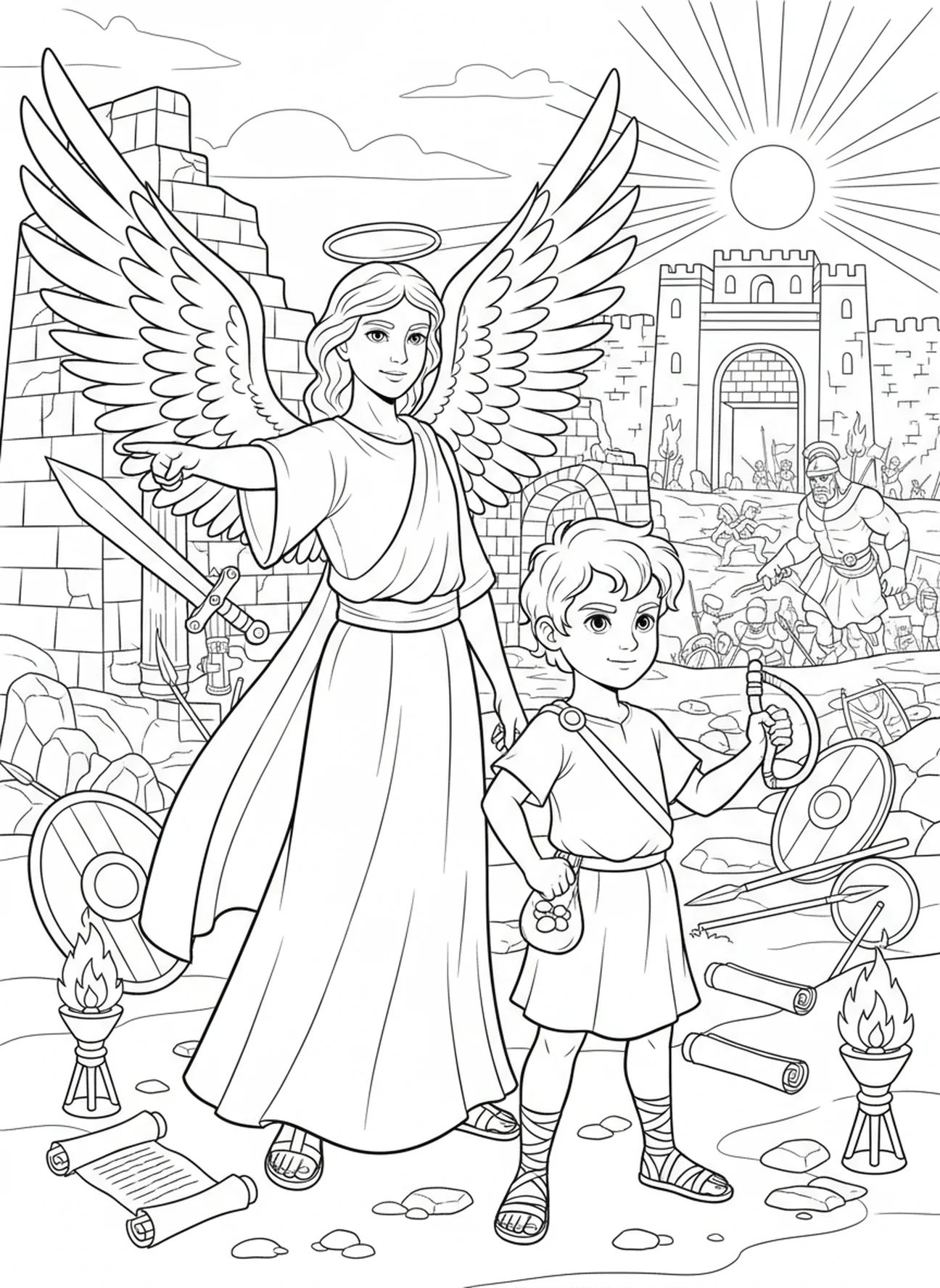 Anjo encorajando Davi, página para colorir Anjo Com Espada para crianças da Escola Dominical de 5 a 12 anos
