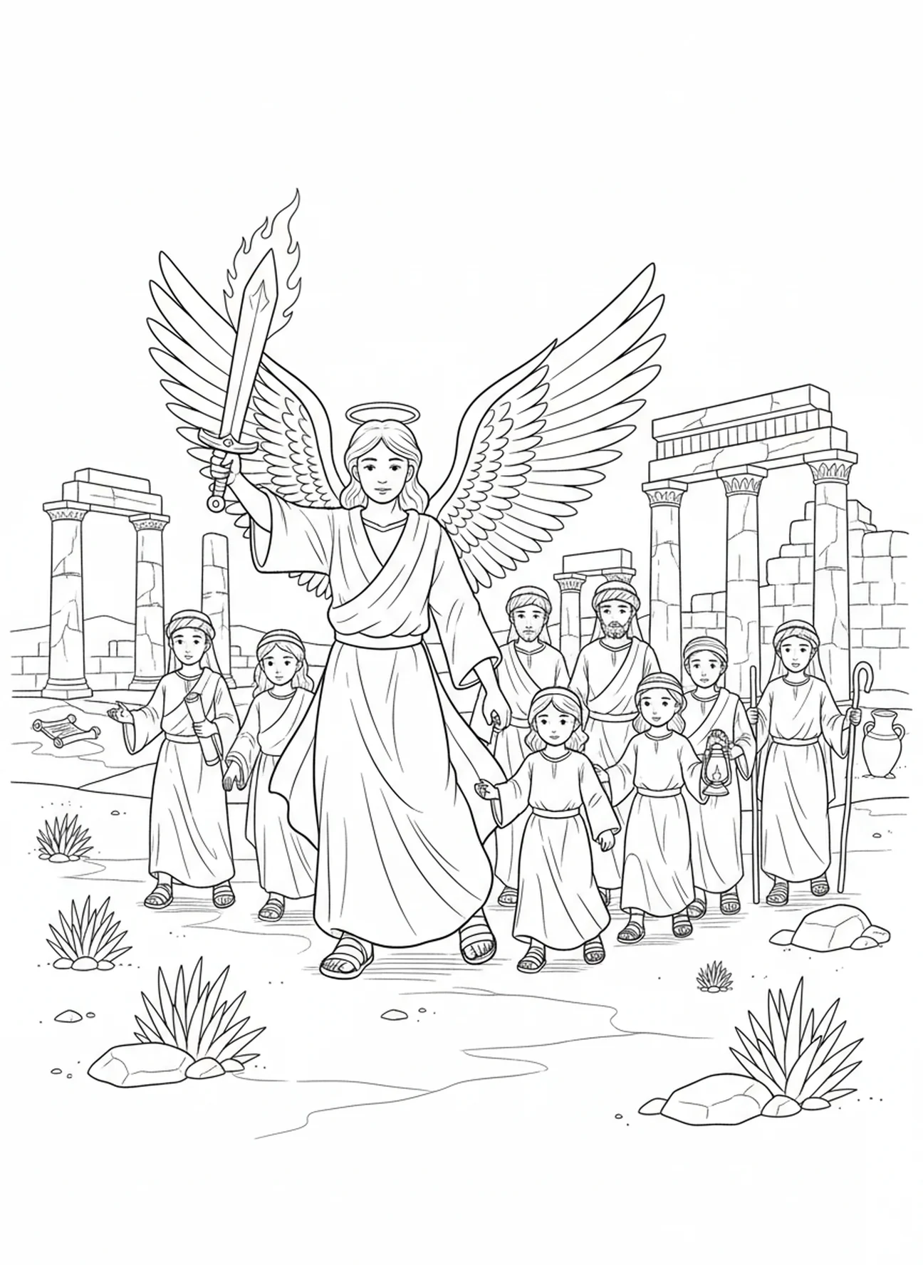 Anjo guiando pessoas, página para colorir Anjo Com Espada para crianças da Escola Dominical de 5 a 12 anos