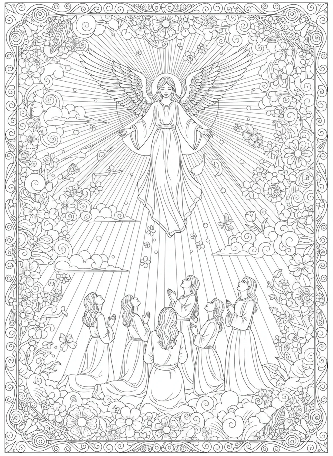 Un ange apparaissant à des humains fascinés, page à colorier d'Ange avec Trompette pour le journal biblique des adultes.