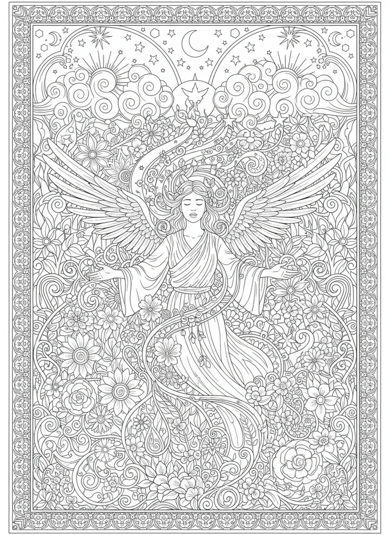 Un ange en harmonie avec la nature, page à colorier d'ange avec trompette pour le style de journal biblique pour adultes.