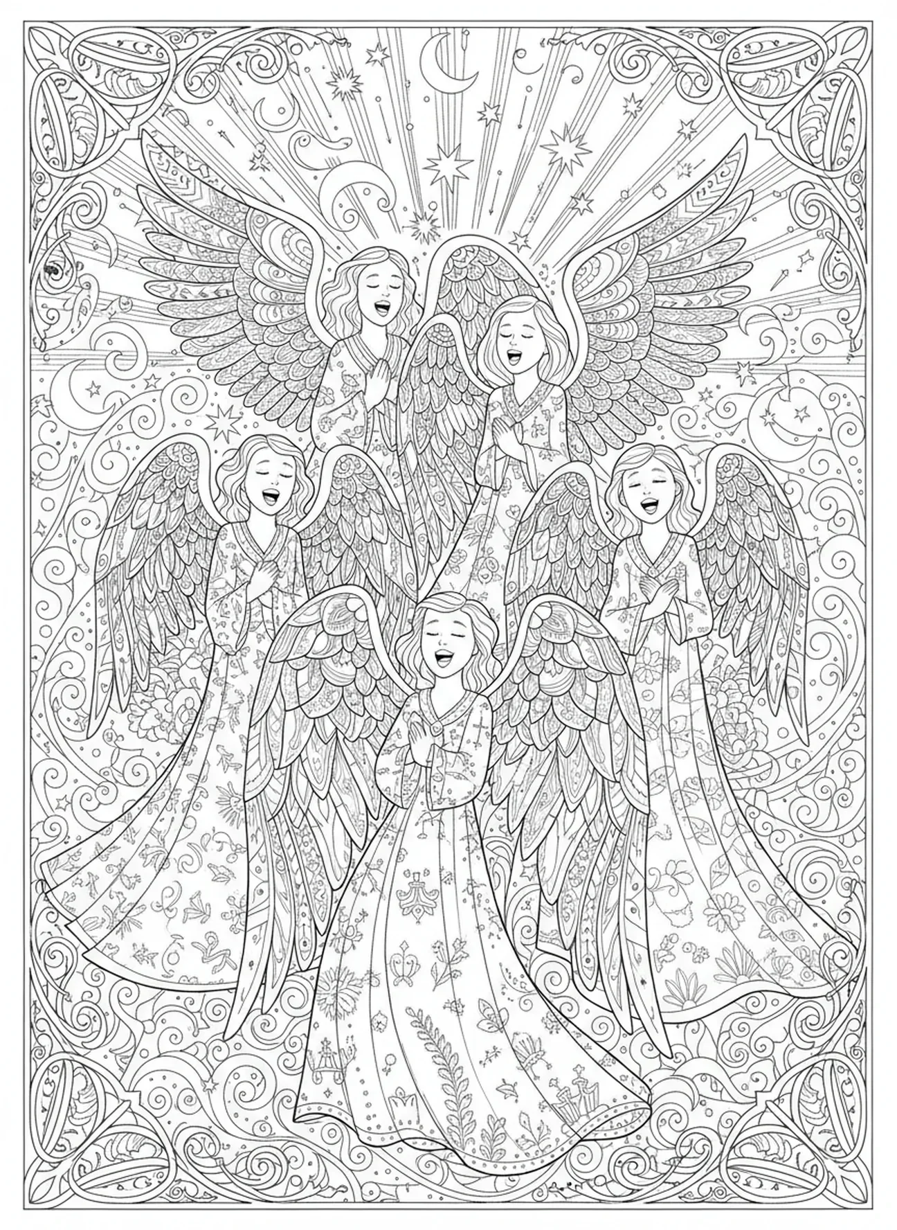 Groupe d'anges chantants, page à colorier d'un ange avec trompette pour le style de journal biblique.