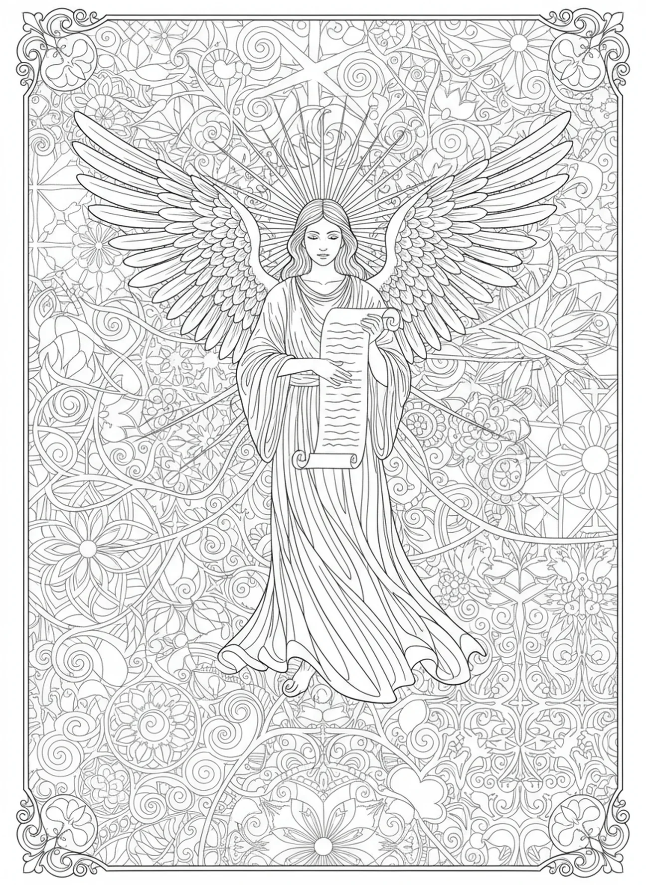 Un ange faisant une annonce divine, page à colorier d'ange avec trompette pour le style de journal biblique pour adultes.
