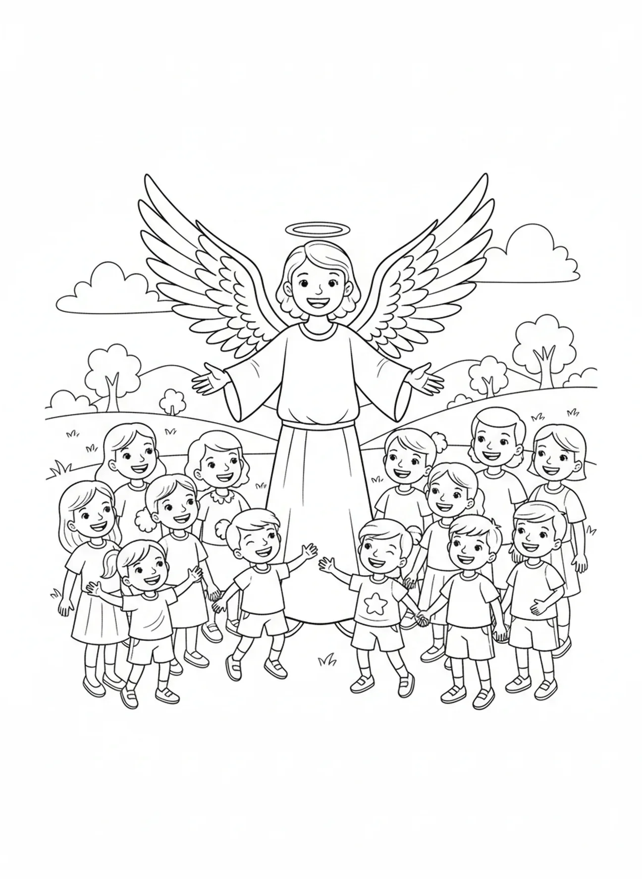 Engel steht mit Menschen, Ausmalbild Engel mit Trompete für Kinder im Alter von 5-10 Jahren.