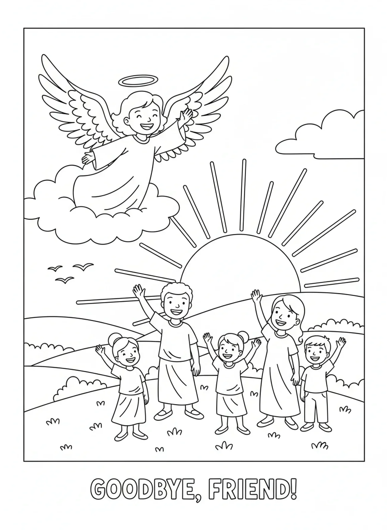 Engel winkt zum Abschied, Engel mit Trompete Malvorlage für Kinder im Alter von 5-10 Jahren.