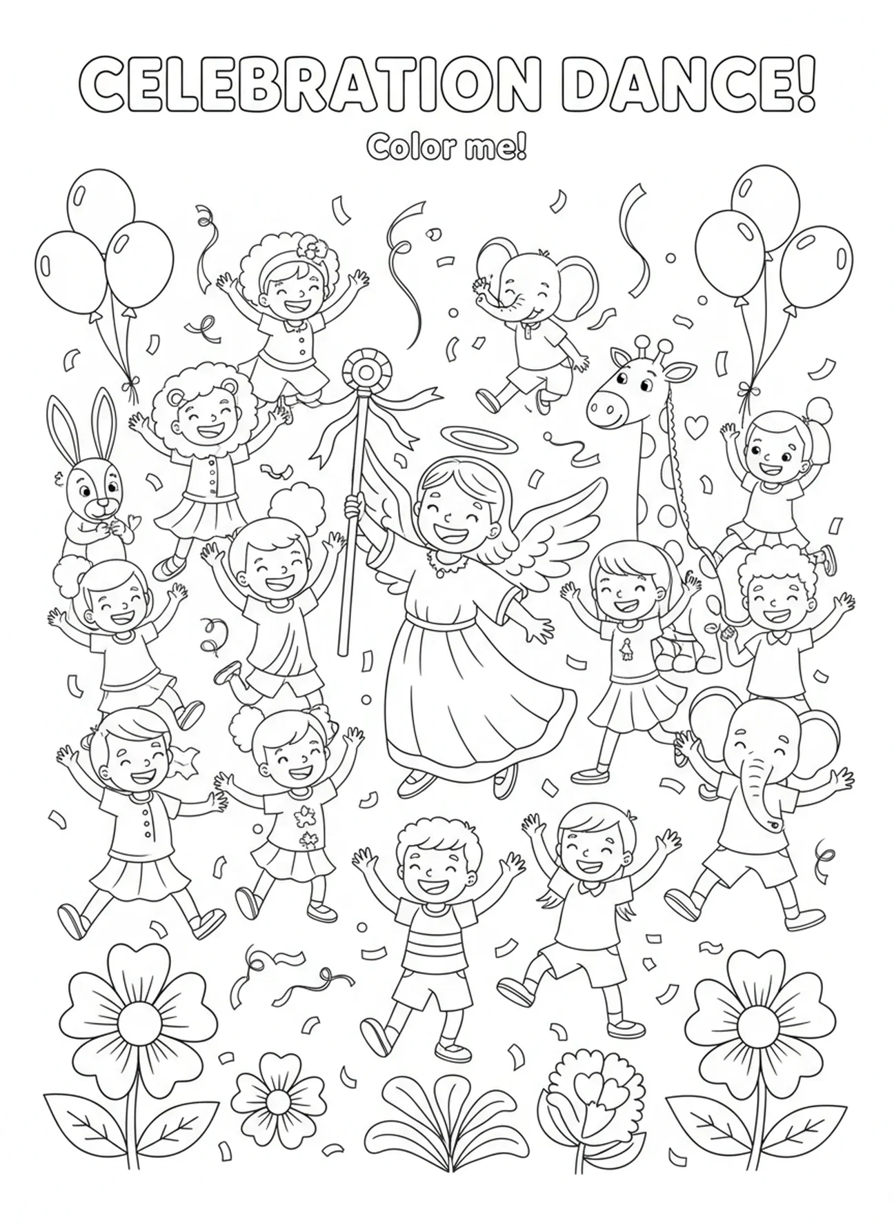 Fröhliche Feier mit tanzenden Menschen, Ausmalbild eines Engels mit Trompete für Kinder im Alter von 5-10 Jahren.