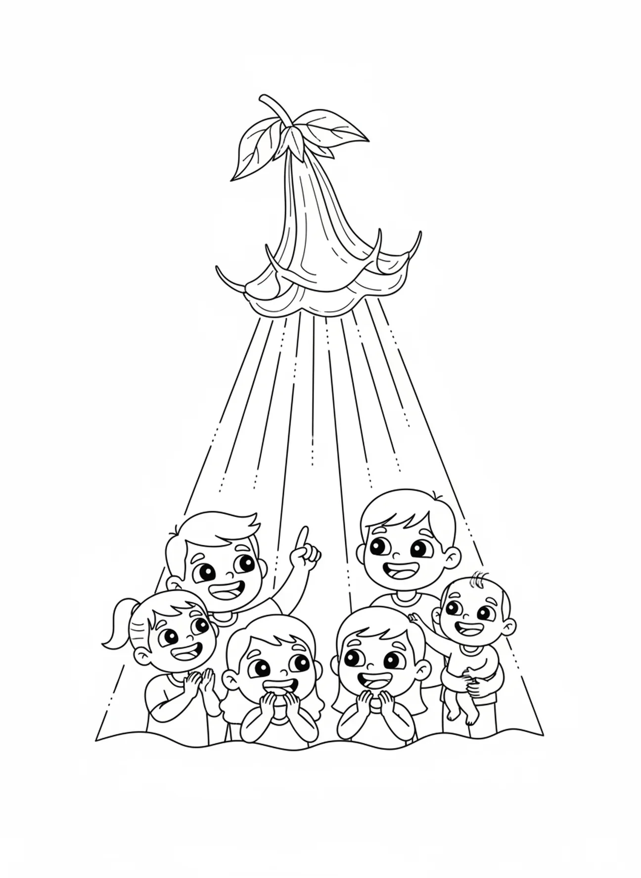 Himmlisches Licht strahlt herab, Ausmalbild eines Engels mit Trompete für Kinder im Alter von 5-10 Jahren.