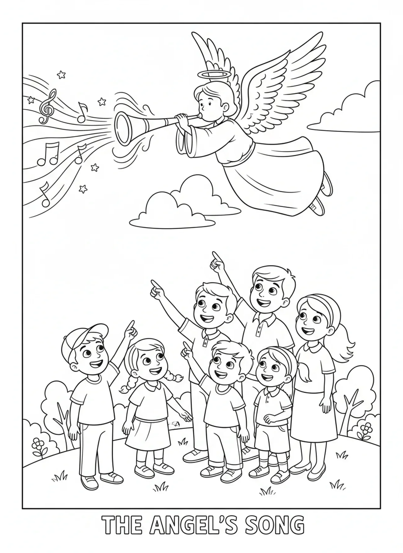 Neugierige Gruppe von Menschen hört zu, Ausmalbild eines Engels mit Trompete für Kinder im Alter von 5-10 Jahren.