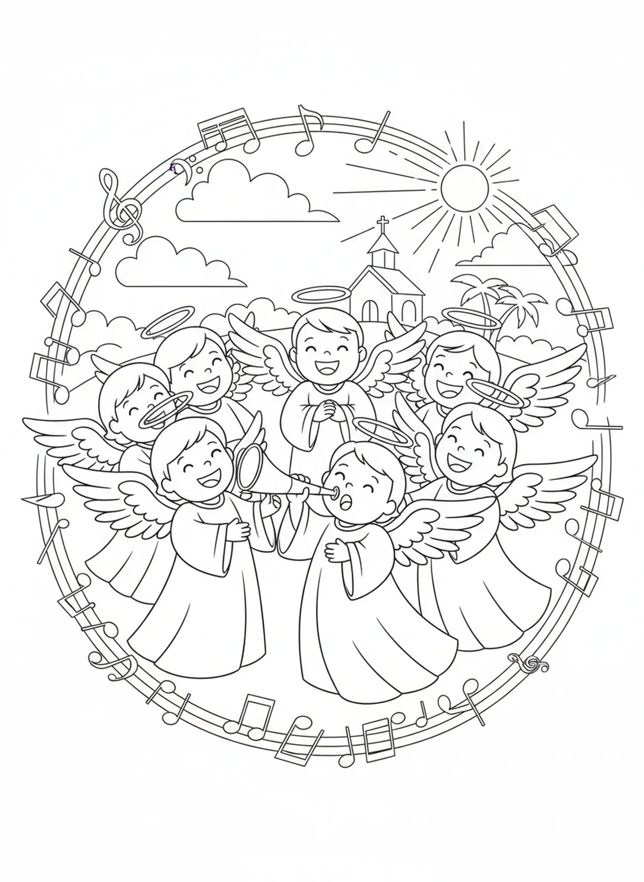 Gruppe von Engeln, die singen, Ausmalbild Engel mit Trompete für die Sonntagsschule Kinder im Alter von 5-12 Jahren.