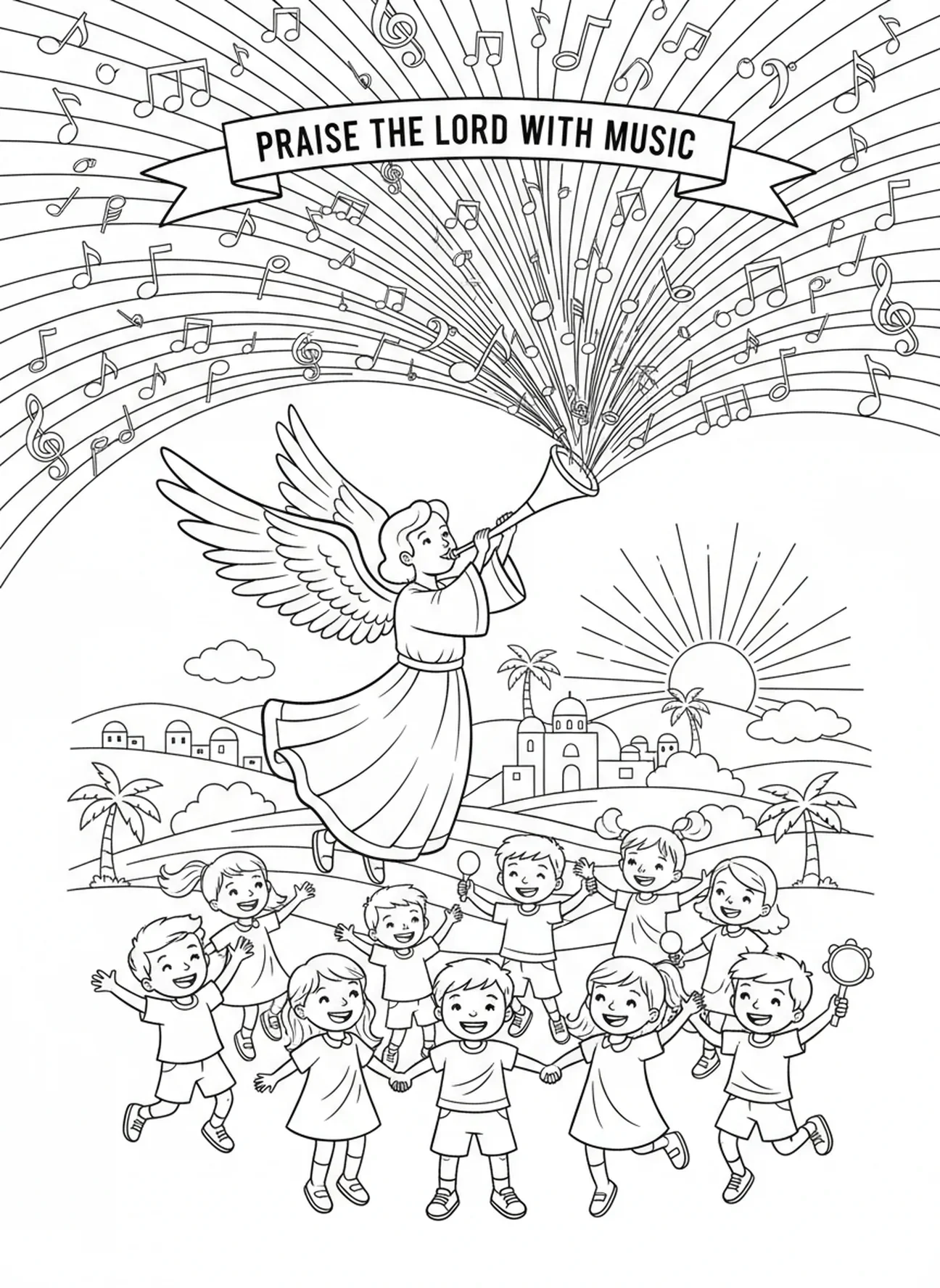 Musikalische Schallwellen, Ausmalbild eines Engels mit Trompete für Kinder in der Sonntagsschule im Alter von 5-12 Jahren.