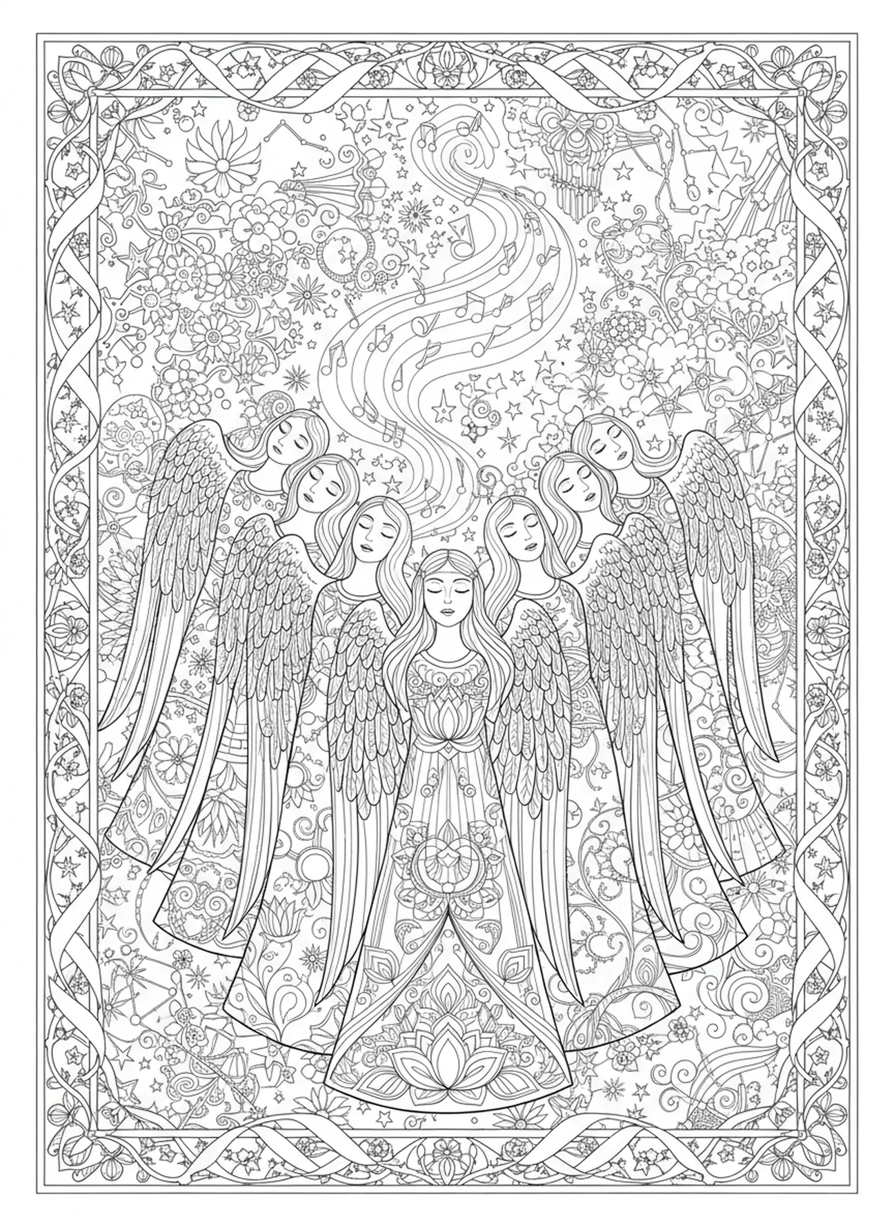 Coro celestial de anjos, Anjos Cantando Céu página para colorir para adultos estilo de journaling bíblico