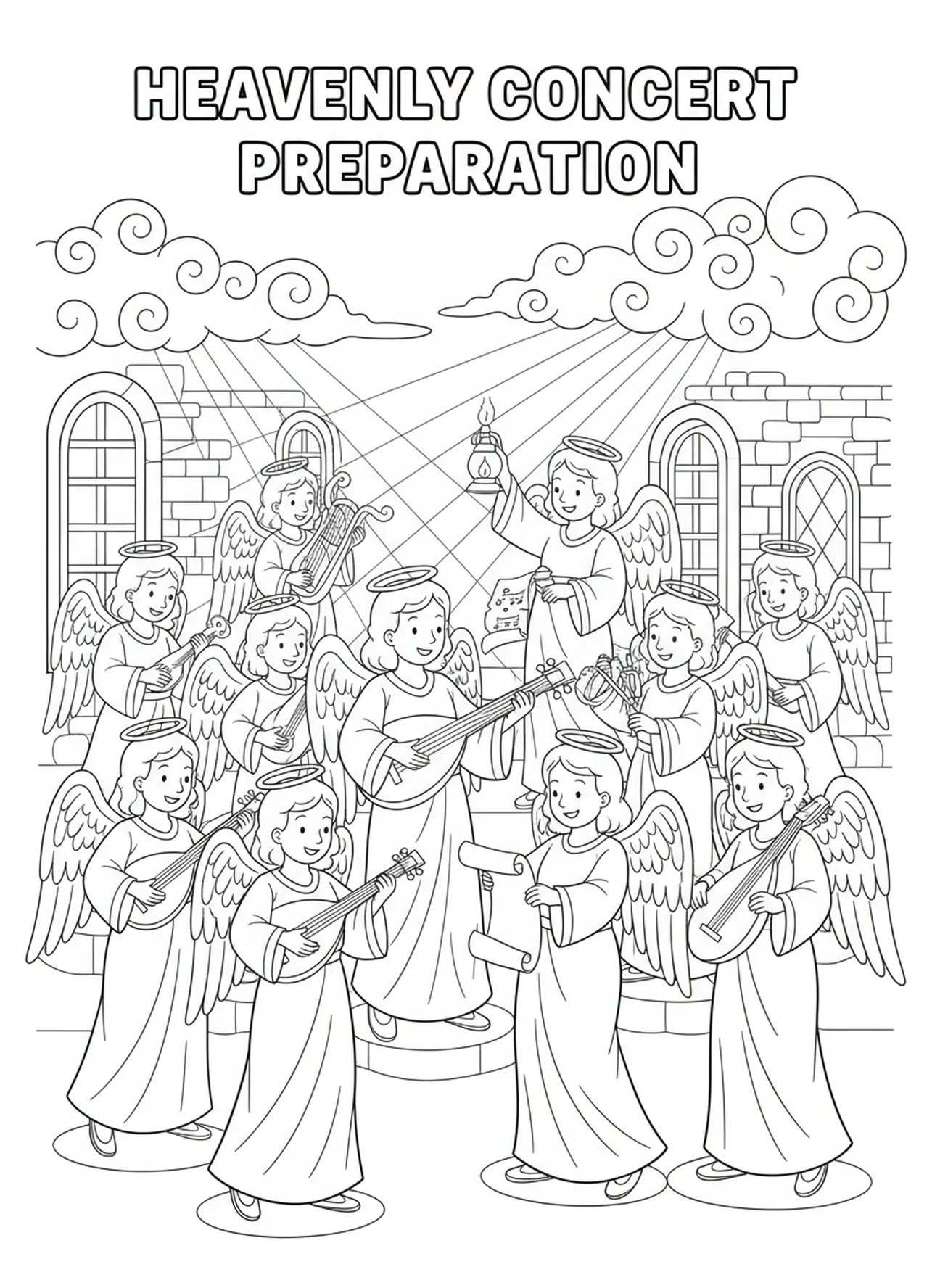Rassemblement d'anges avec des instruments, page à colorier Anges Chantant le Ciel pour les enfants de l'École du dimanche âgés de 5 à 12 ans.