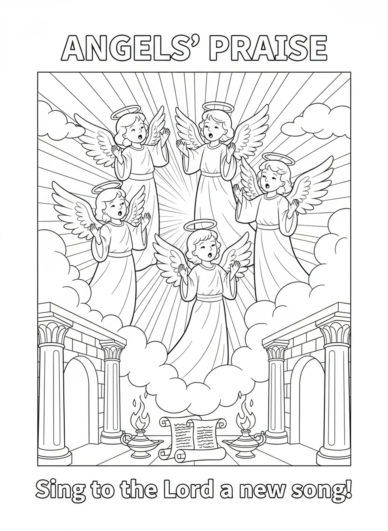 Anges chantant en harmonie, page à colorier Anges Chantant le Ciel pour les enfants de catéchisme âgés de 5 à 12 ans.