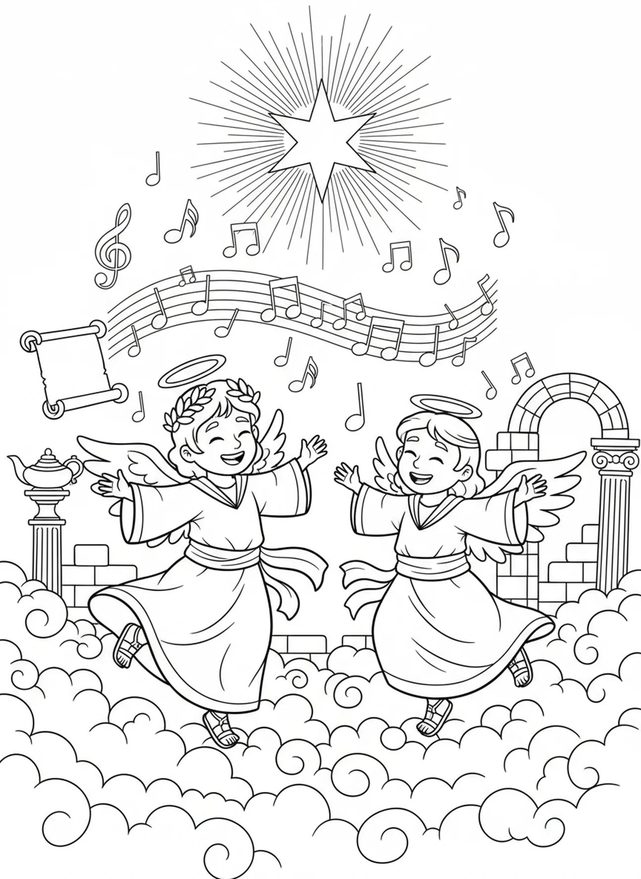 Deux anges espiègles, page à colorier des Anges Chantant au Ciel pour les enfants de l'École du dimanche âgés de 5 à 12 ans.