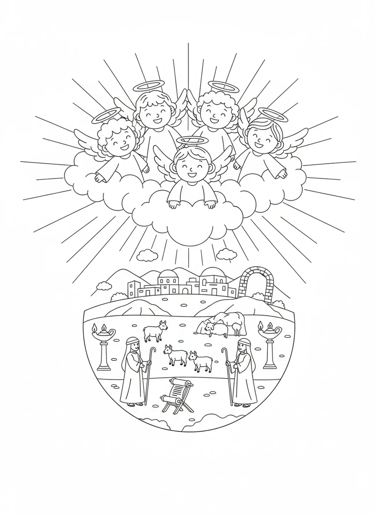 Anges observant la Terre depuis les nuages, page à colorier Anges Chantant le Ciel pour les enfants de l'École du dimanche âgés de 5 à 12 ans.