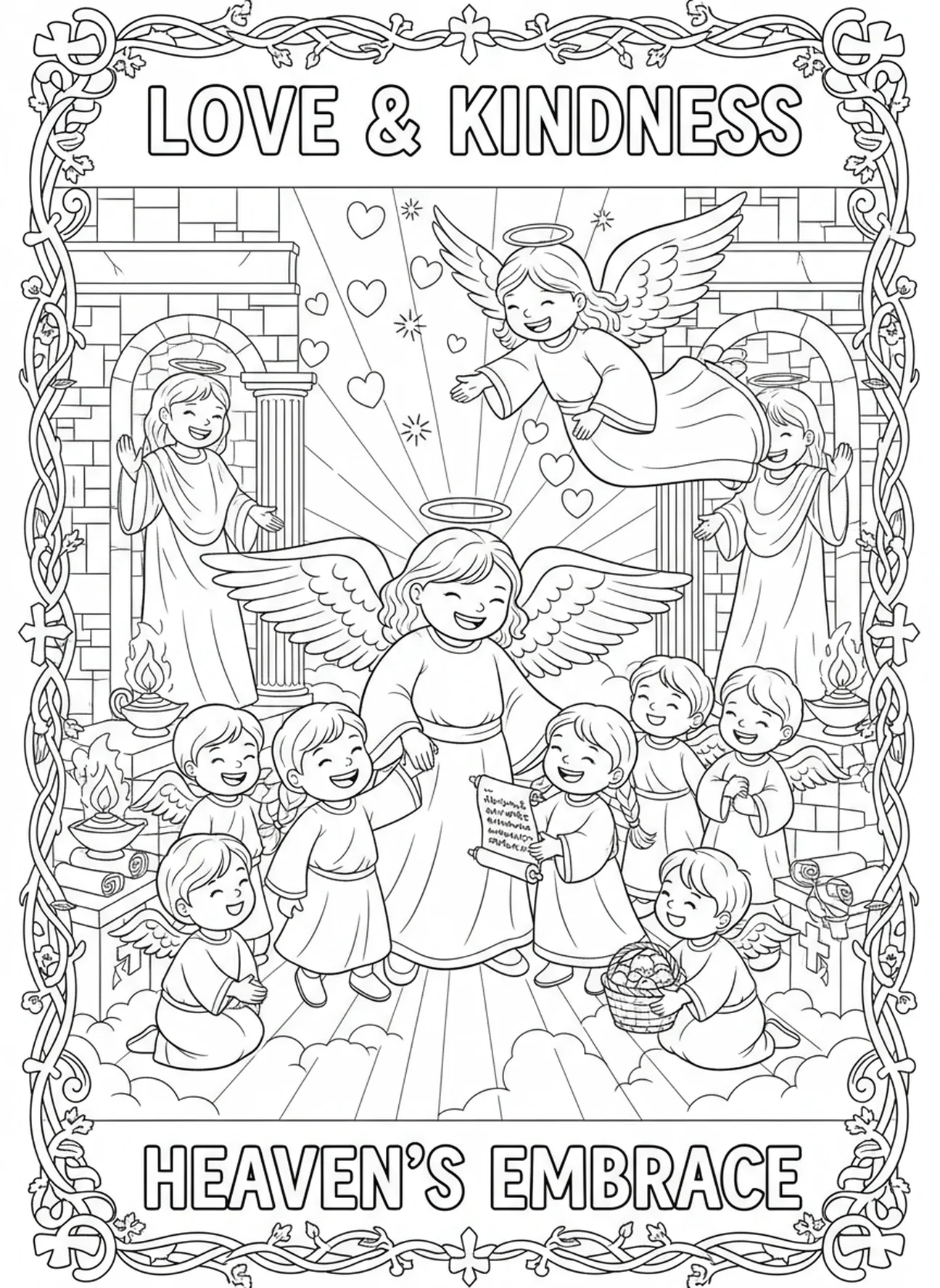 Anges interagissant avec des enfants, page à colorier Anges chantant au ciel pour les enfants de l'École du dimanche âgés de 5 à 12 ans.