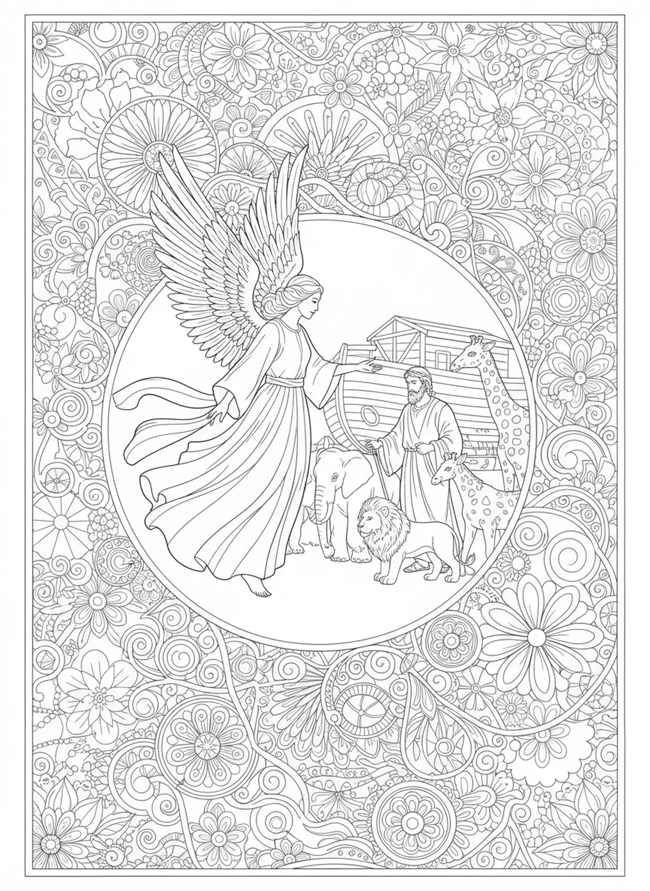 Ángel animando a Noé, página para colorear de Ángel Guardián estilo journaling bíblico para adultos