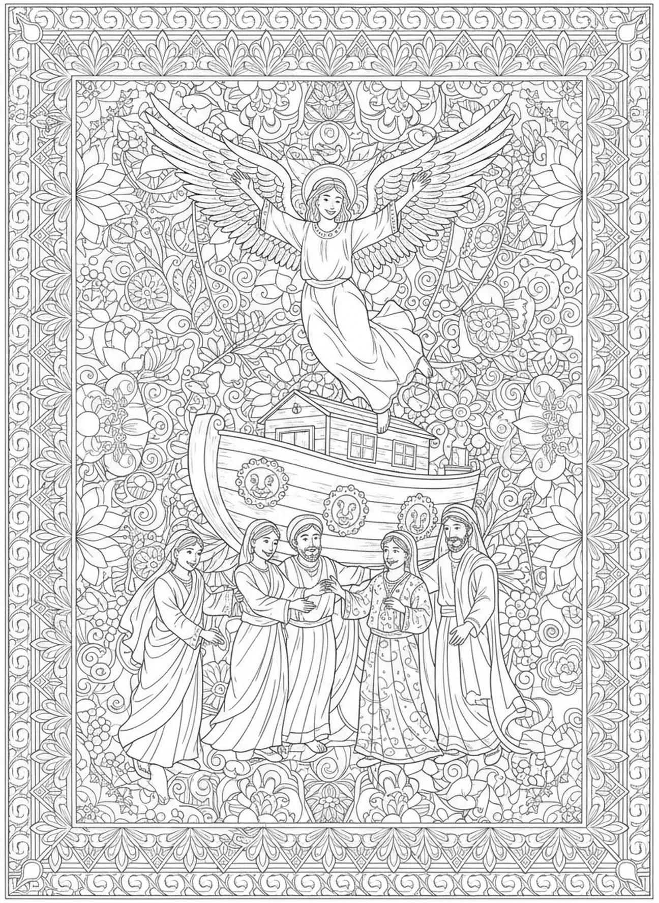 Ángel en celebración alegre, página para colorear del Ángel Guardián estilo journaling bíblico para adultos