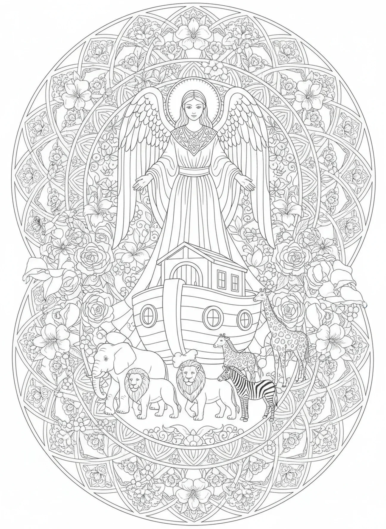 Ángel guardián protegiendo animales, página para colorear del Ángel Guardián estilo Biblia para adultos