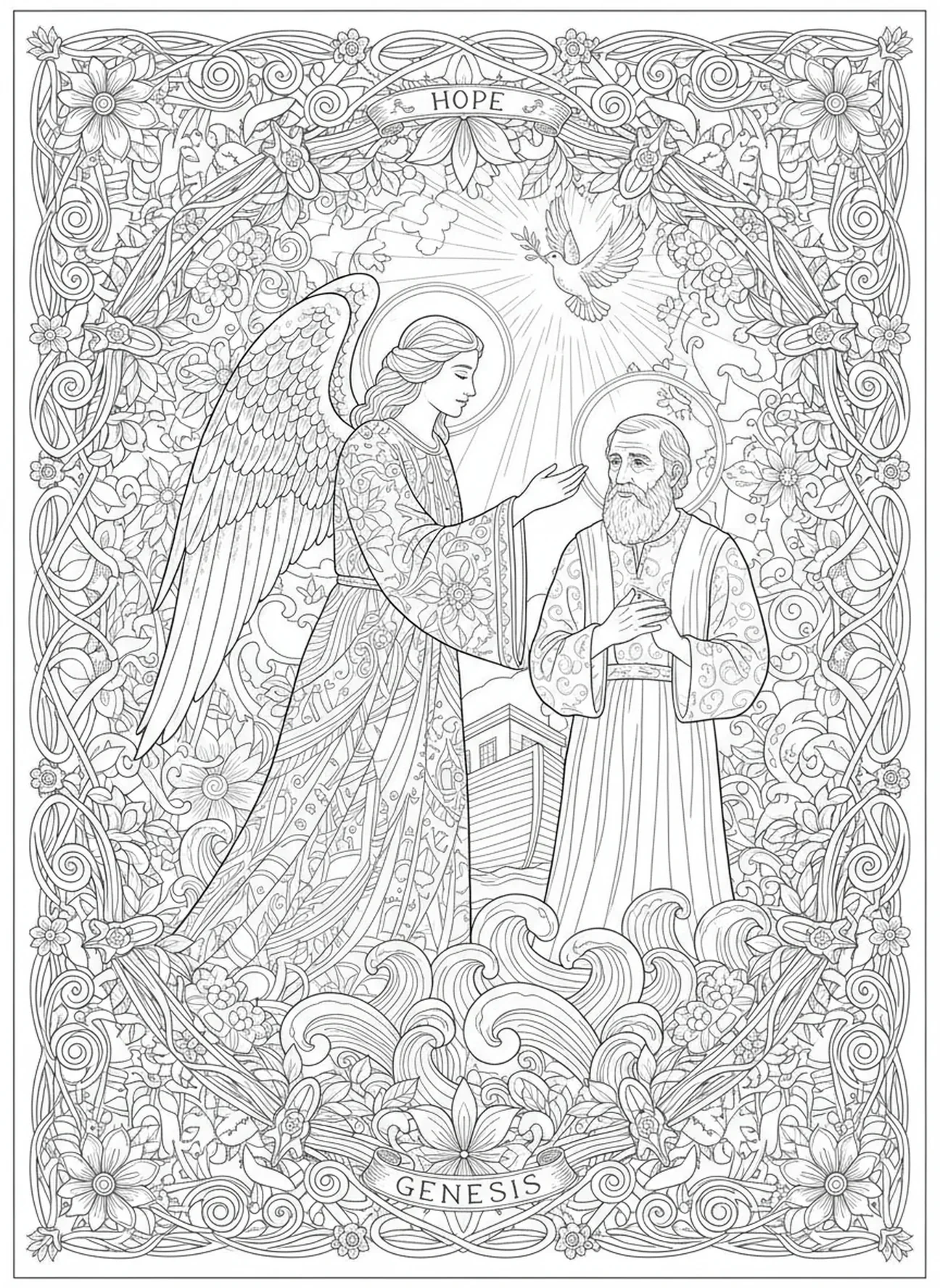 Ángel levantando la esperanza de Noé, página para colorear de Ángel Guardián estilo journaling bíblico para adultos