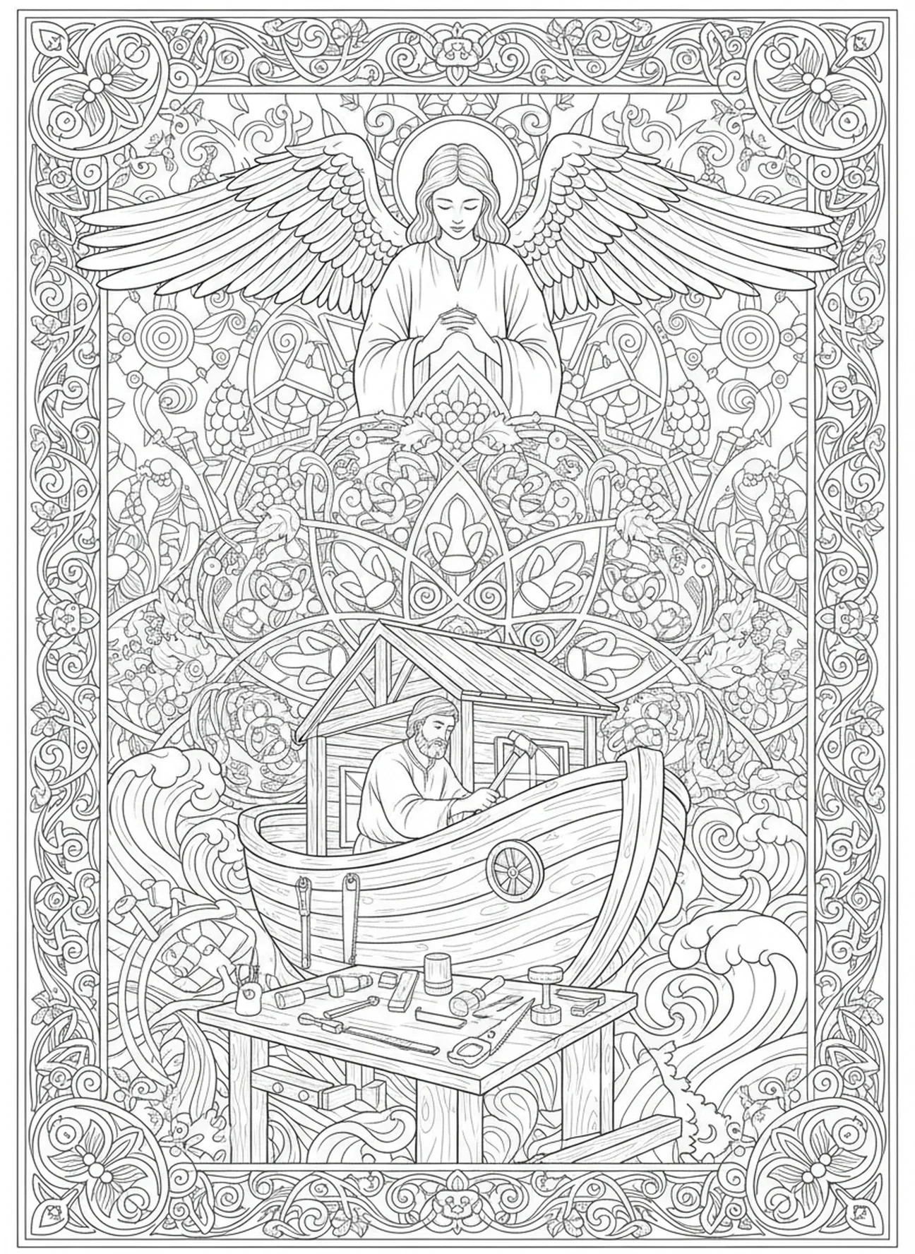 Ángel guardián observando a Noé, página para colorear de Ángel Guardián estilo journaling bíblico para adultos