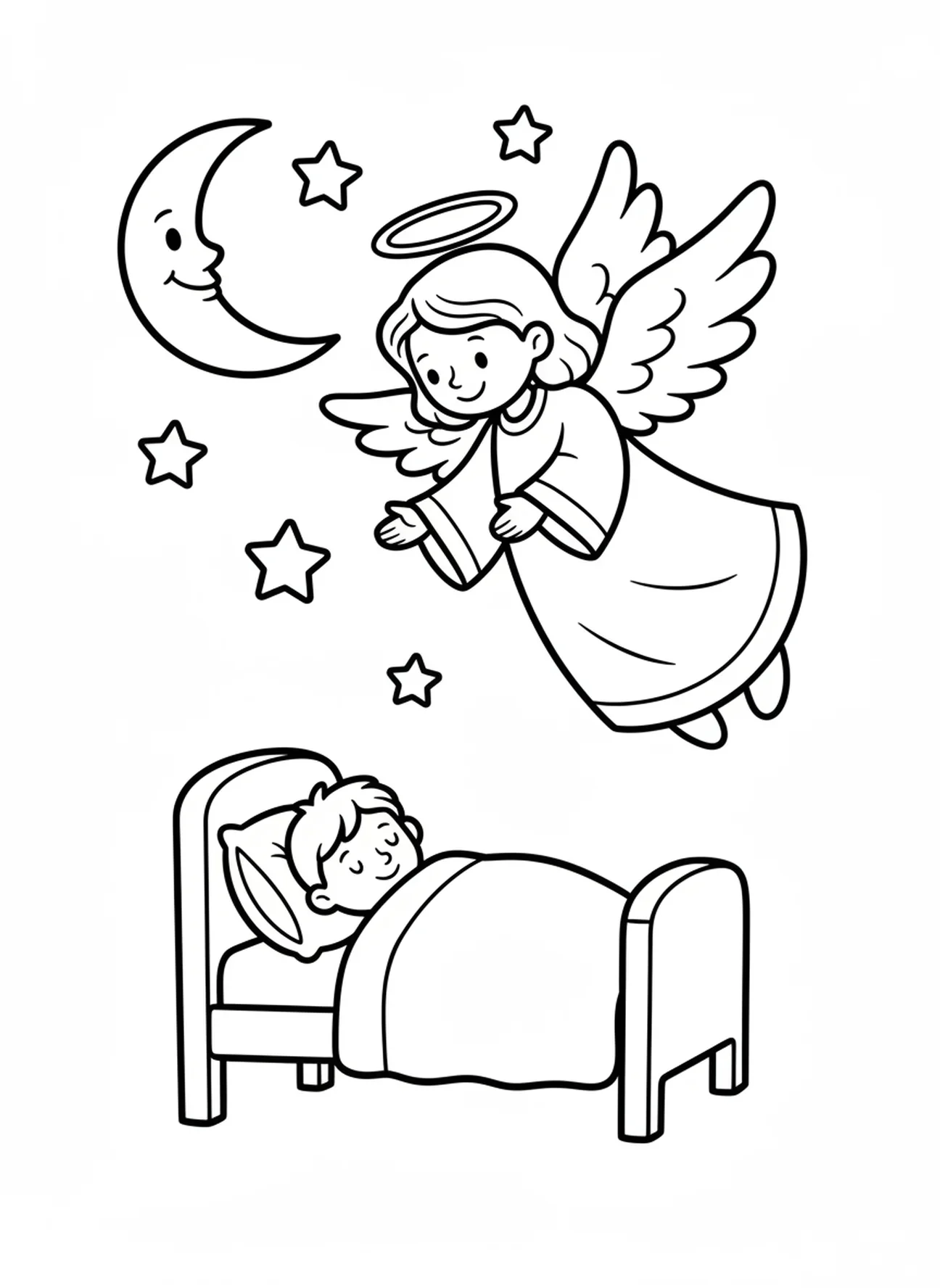 Anjo da guarda cuidando de criança dormindo, página para colorir do Anjo da Guarda para crianças de 3 a 5 anos