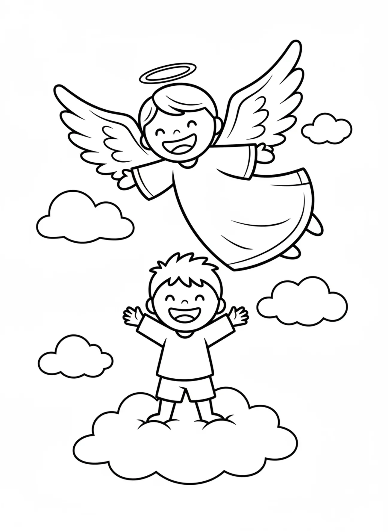 Anjo da guarda alegre voando no céu, página para colorir do Anjo da Guarda para crianças de 3 a 5 anos