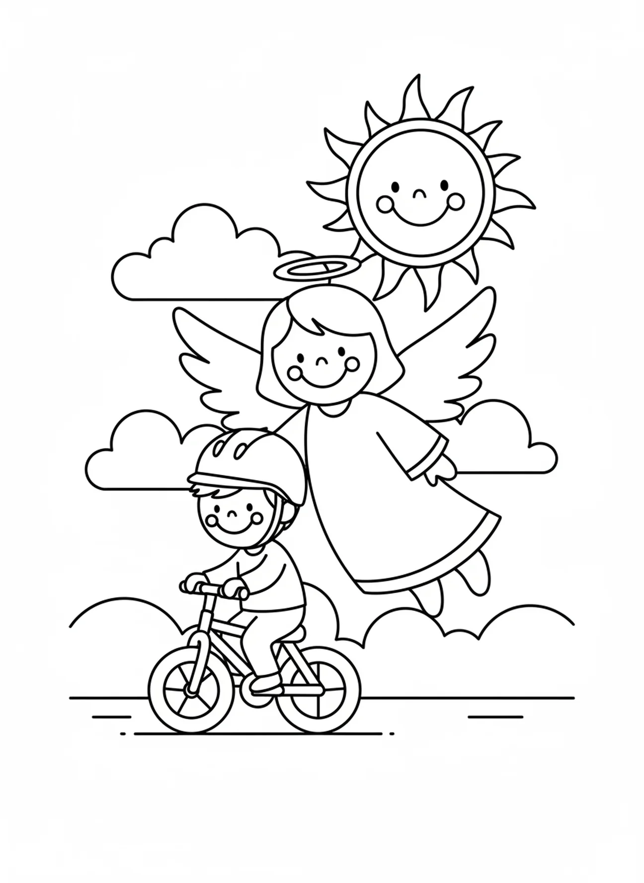 Anjo da guarda cuidando de criança na bicicleta, página para colorir do Anjo da Guarda para crianças de 3 a 5 anos