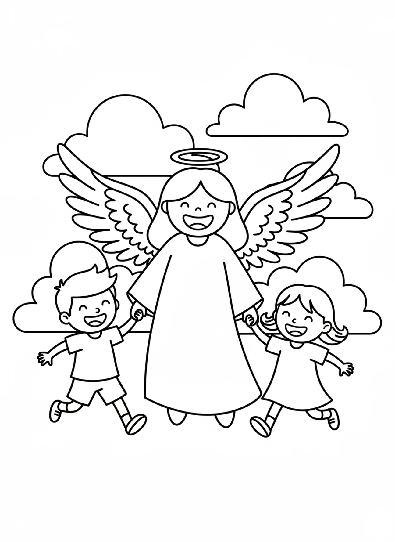 Anjo da guarda amigável com crianças, página para colorir do Anjo da Guarda para pré-escolares de 3 a 5 anos