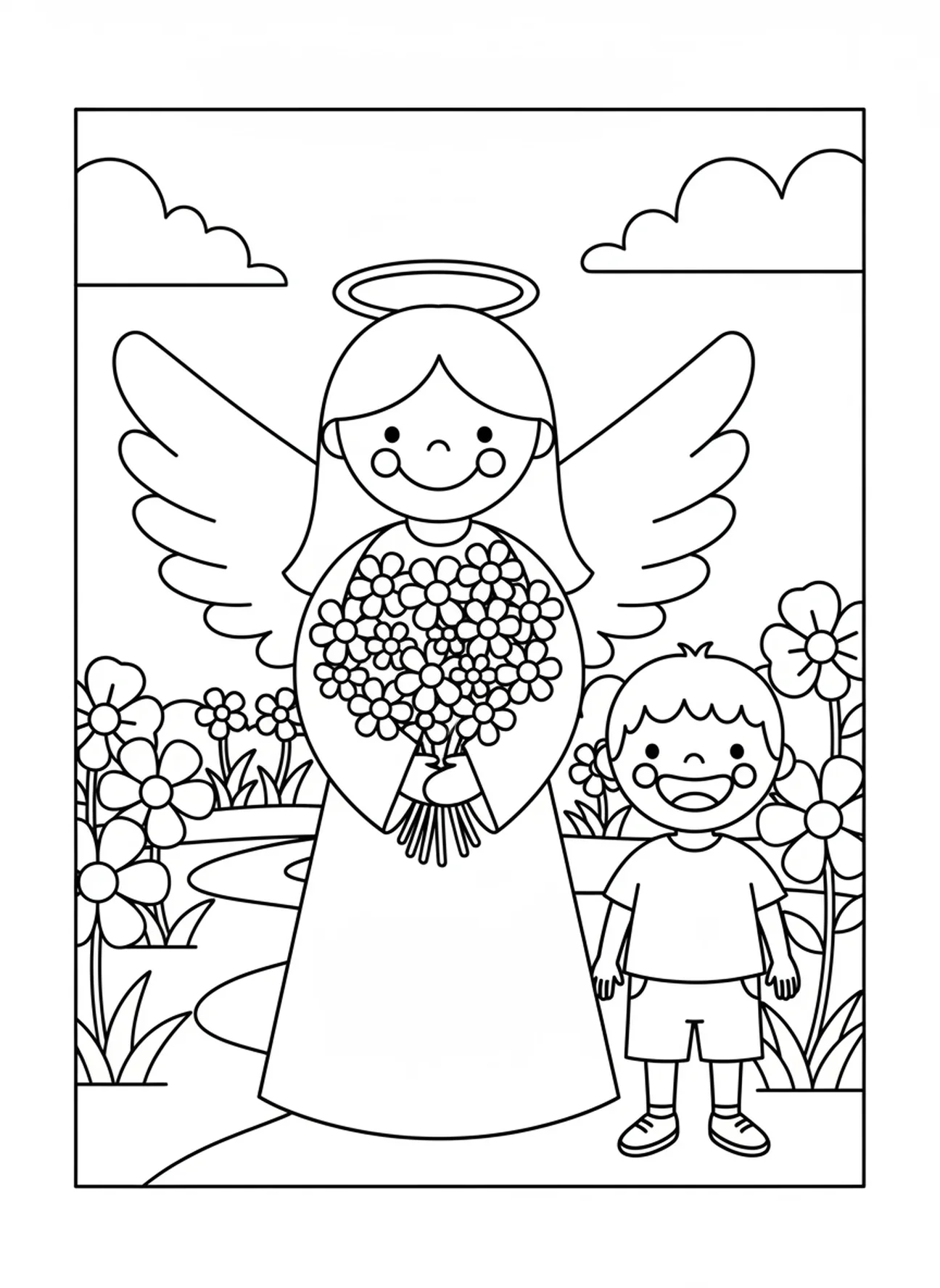 Anjo da guarda com flores e criança, página para colorir do Anjo da Guarda para pré-escolares de 3 a 5 anos
