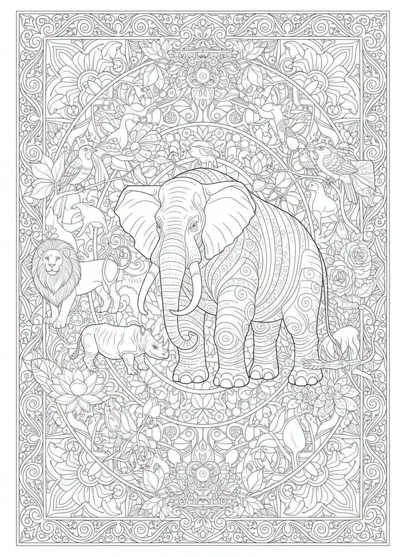 Béhémoth parmi les animaux, page à colorier Béhémoth pour adultes dans le style du journal biblique