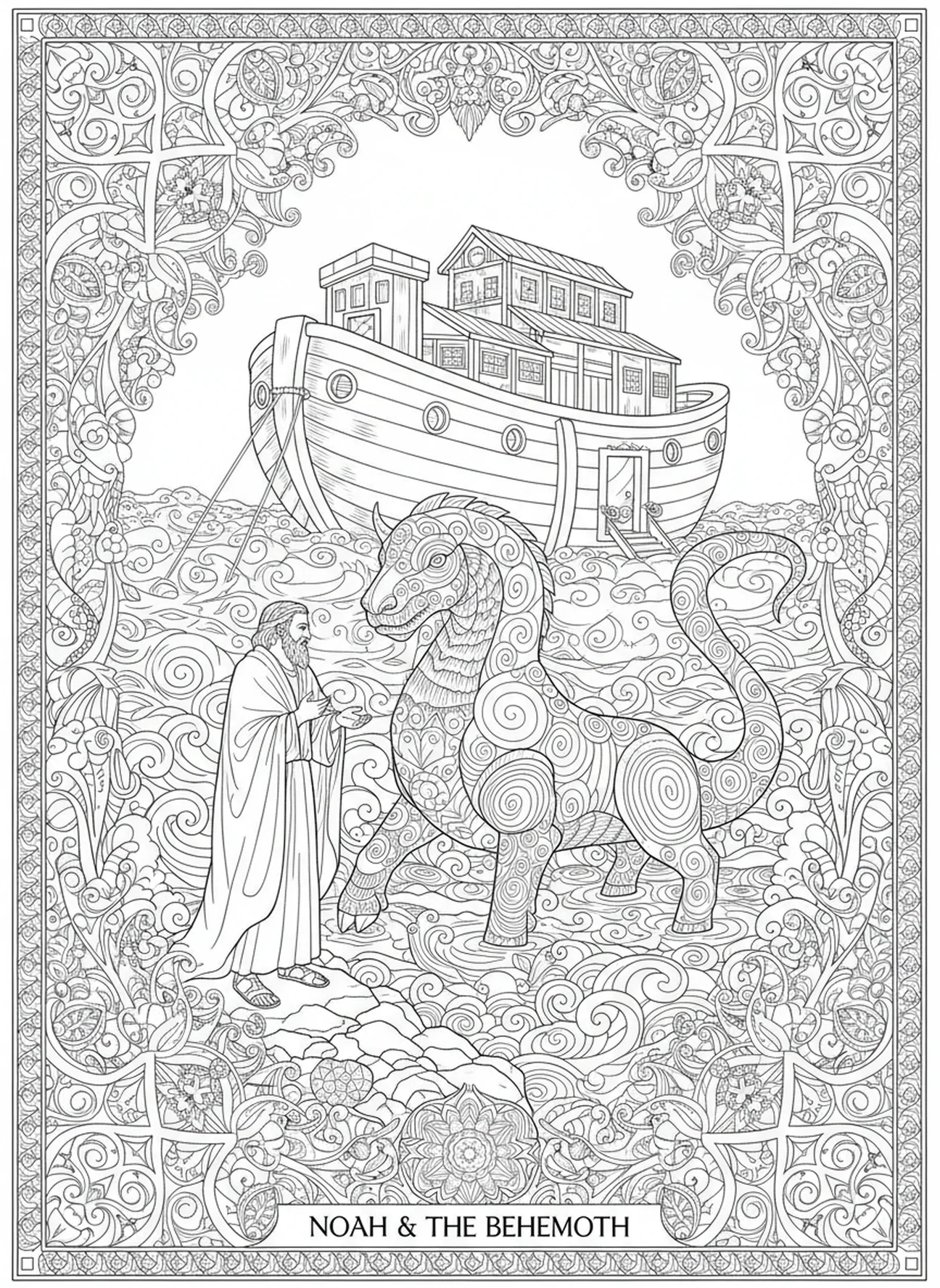Noé observant le Béhémoth, page à colorier Béhémoth pour adultes dans un style de journal biblique
