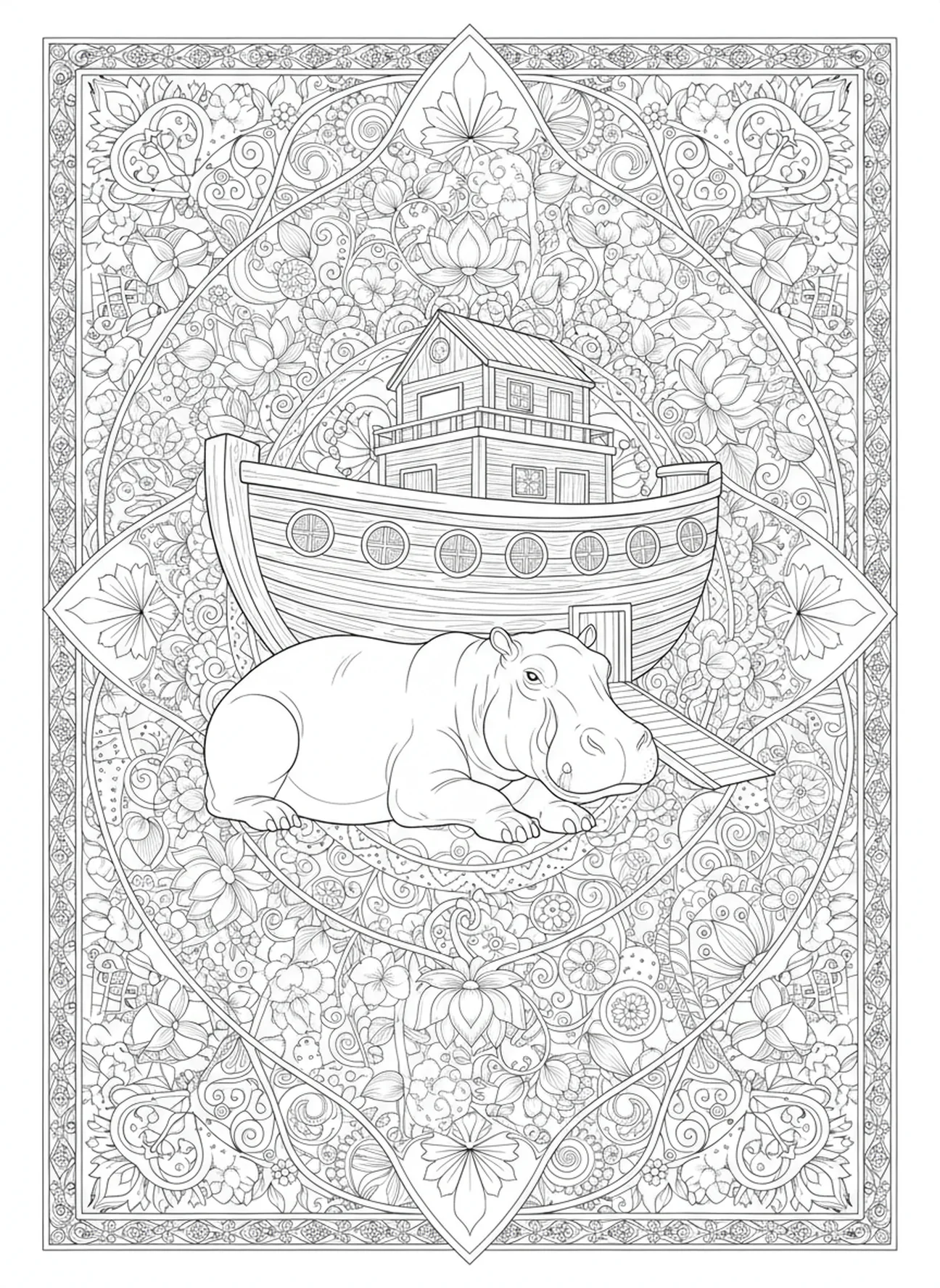 Béhémoth se reposant près de l'Arche de Noé, page à colorier Béhémoth pour adultes dans un style de journal biblique