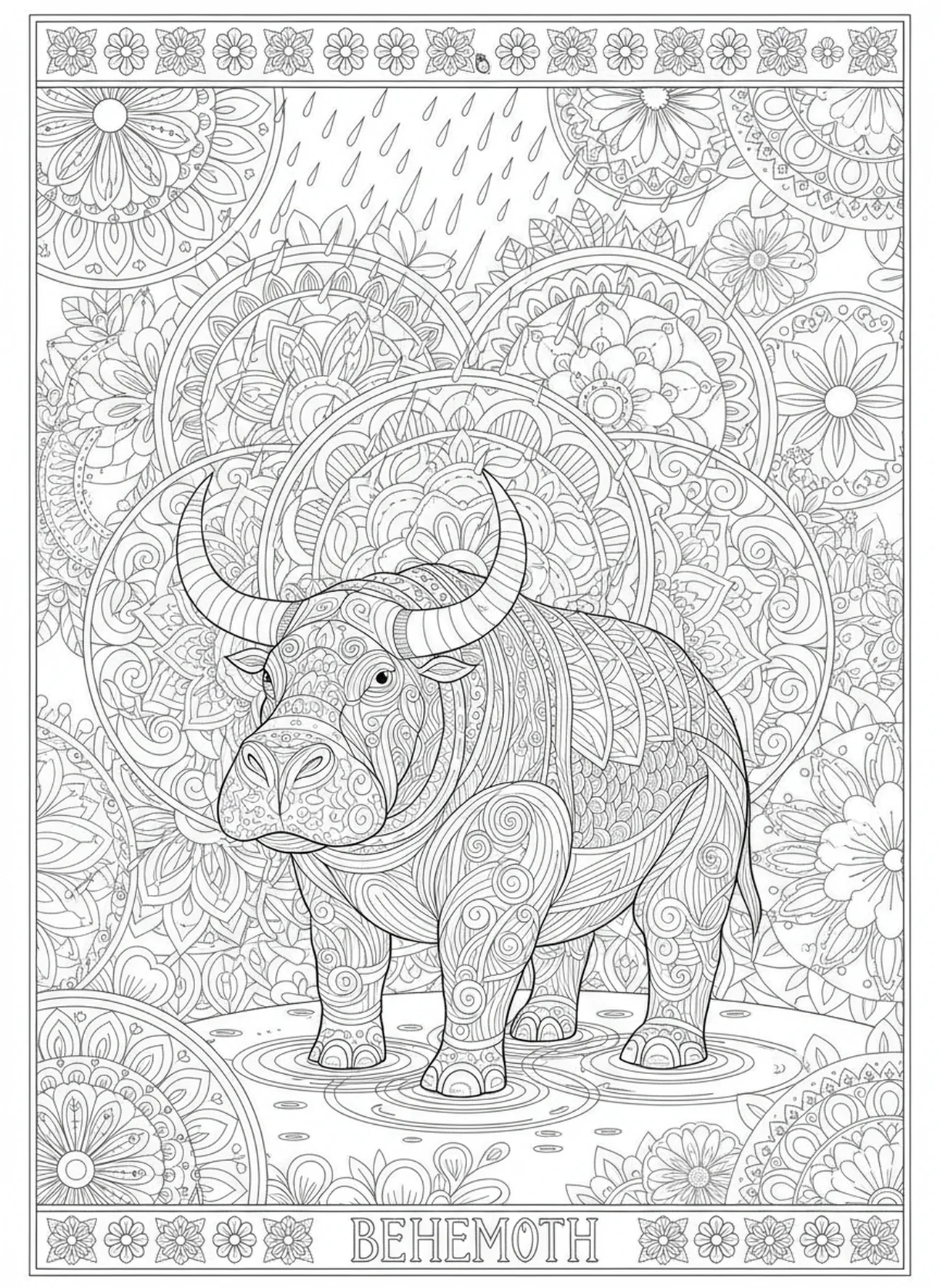 Béhémoth sous la pluie, page à colorier Béhémoth pour adultes dans le style du journal biblique