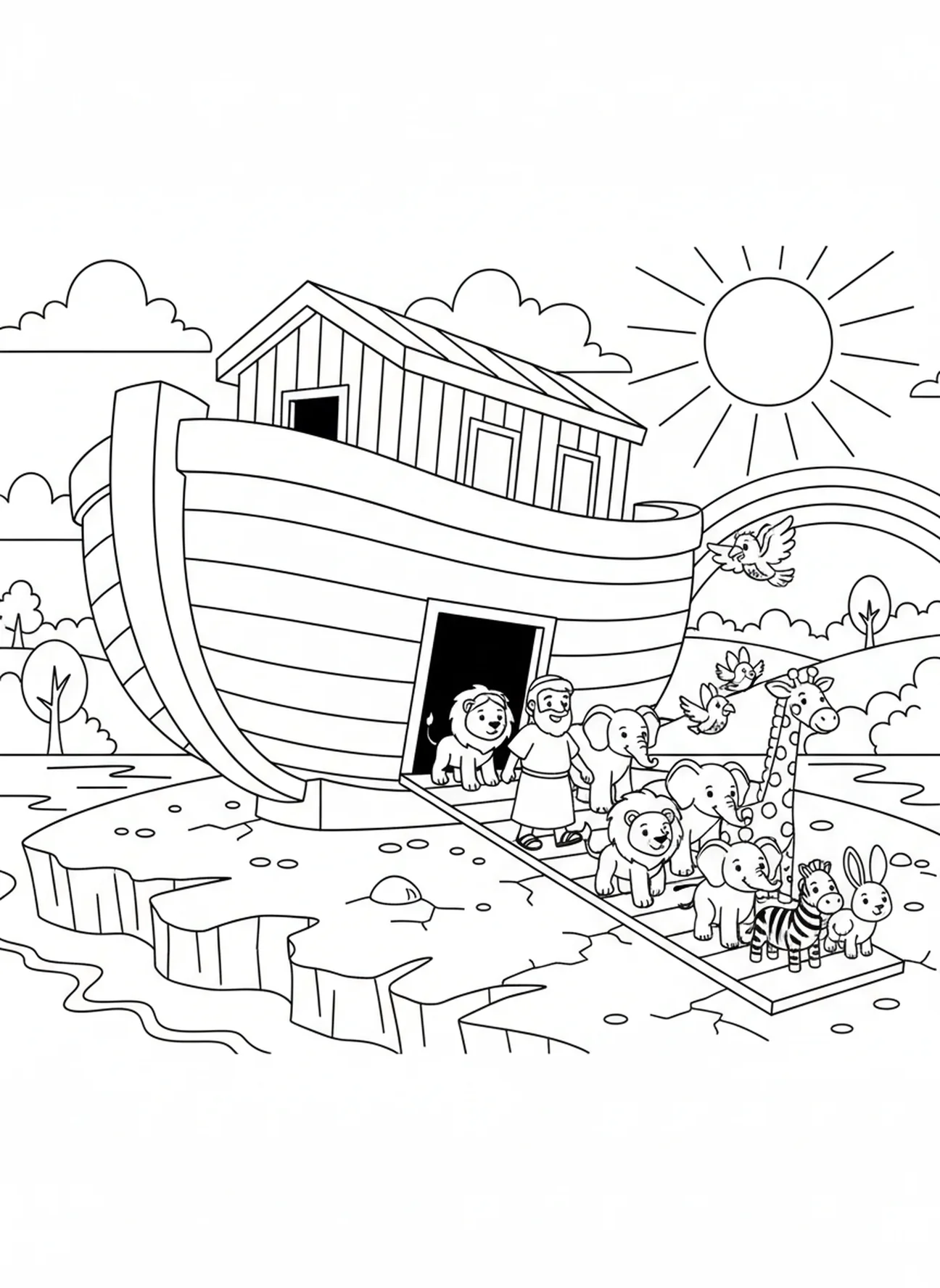 Noé y los animales saliendo del arca, página para colorear de Behemoth para niños de 5 a 10 años.