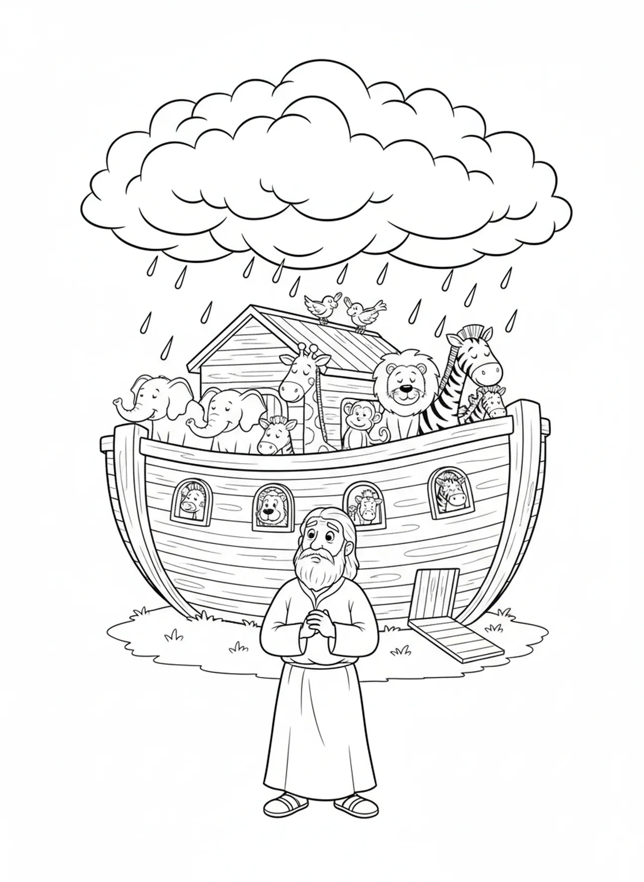 Noé mirando las nubes de lluvia, página para colorear de Behemot para niños de 5 a 10 años.