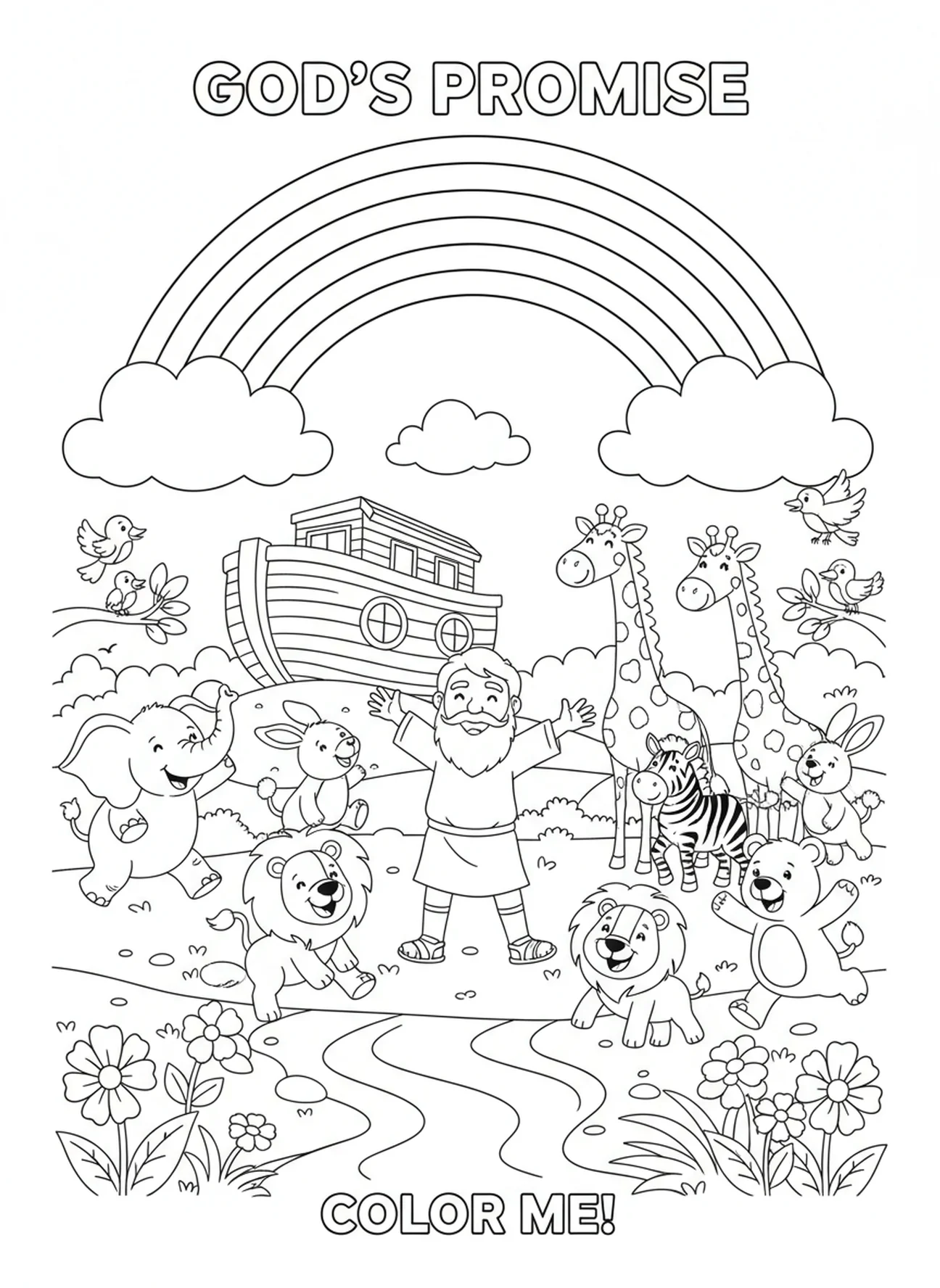 Arcoíris en el cielo con Noé, página para colorear de la Biblia Behemoth para niños de 5 a 10 años.