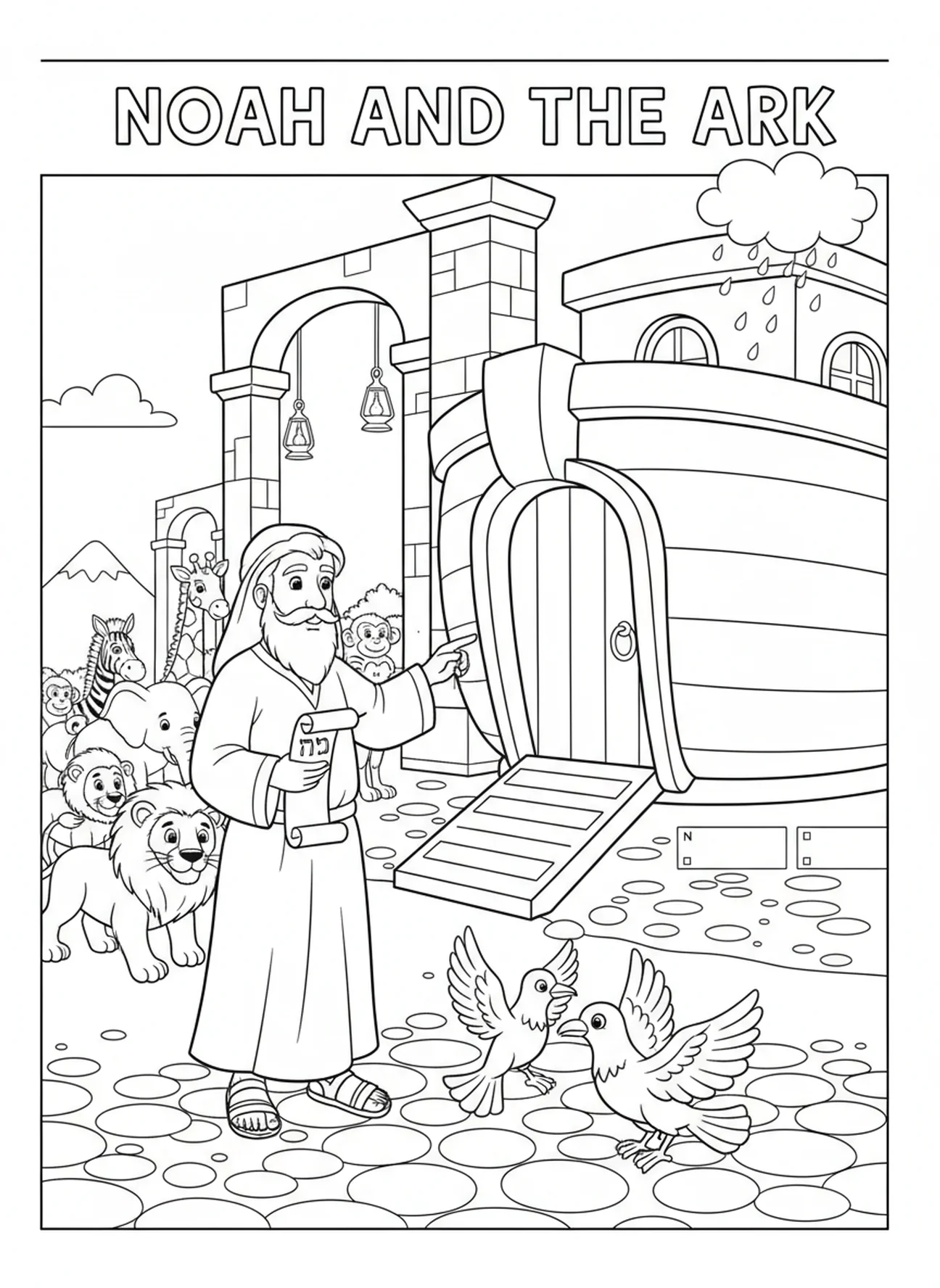 Noah, der Tiere auf die Arche führt, Behemoth Malvorlage für die Sonntagsschule für Kinder im Alter von 5-12 Jahren.