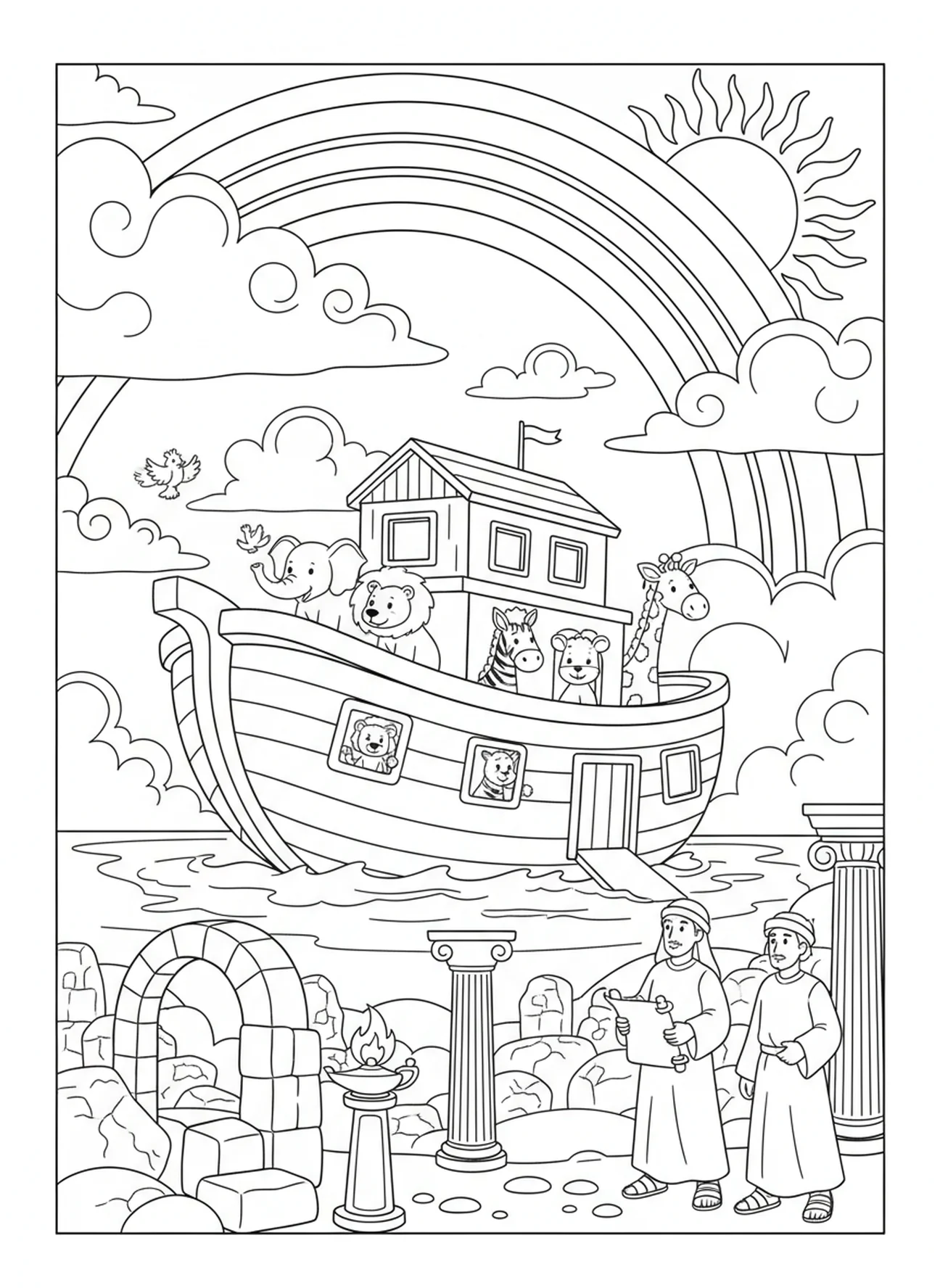 Regenbogen über der Arche, Behemoth Ausmalbild für die Sonntagsschule für Kinder im Alter von 5-12 Jahren.