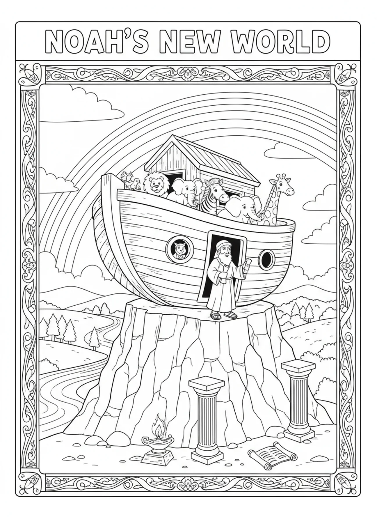 Noah und Tiere auf dem Berg, Behemoth Ausmalbild für die Sonntagsschule für Kinder im Alter von 5-12 Jahren.