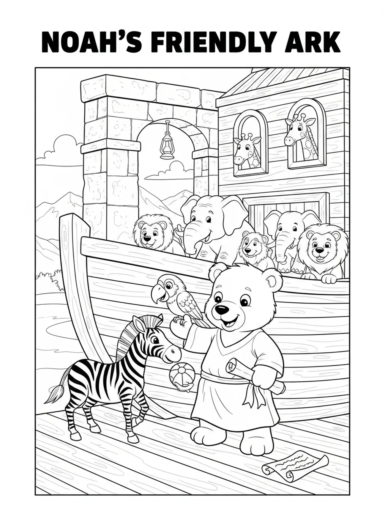 Ours et animaux sur l'arche, page à colorier Ours biblique pour les enfants de catéchisme âgés de 5 à 12 ans