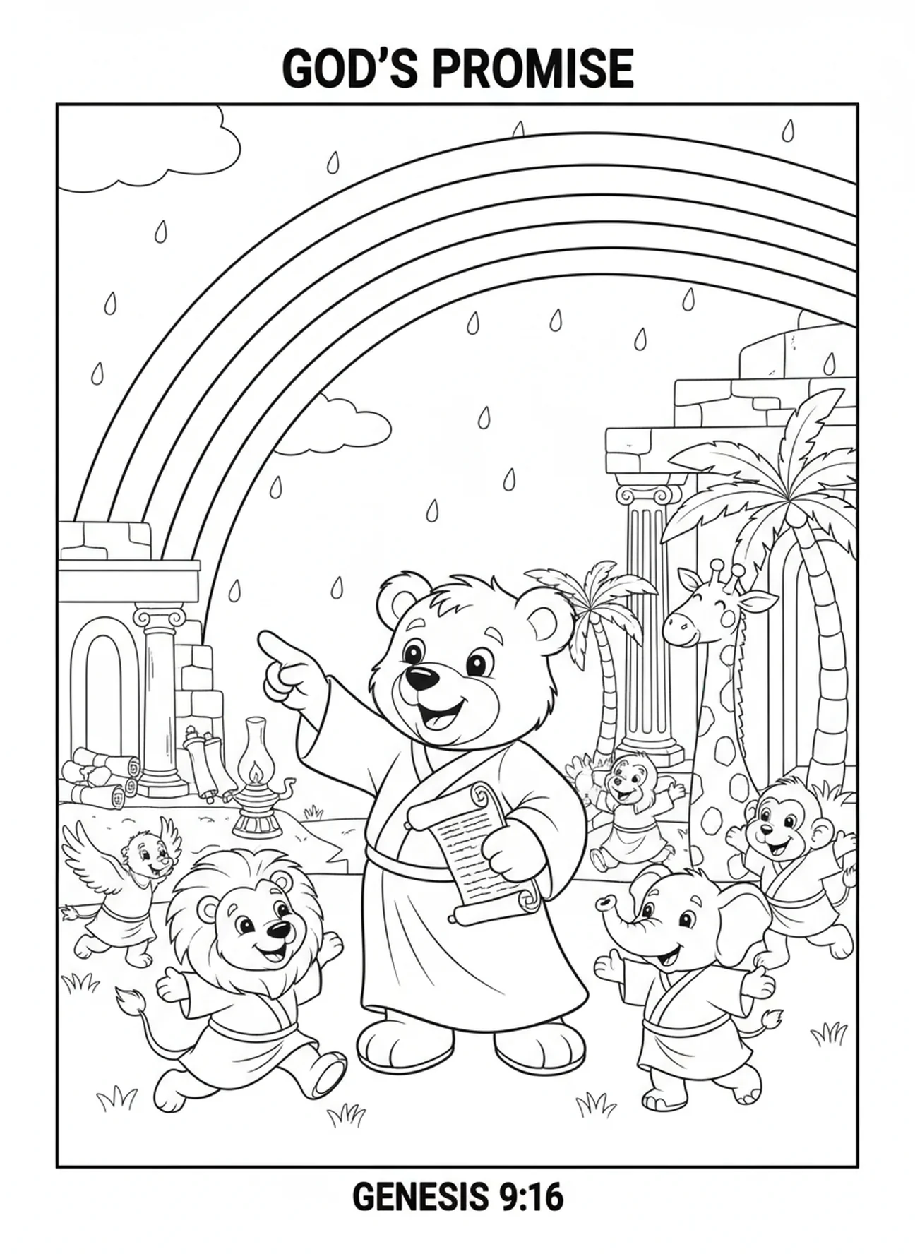 Ours montrant un arc-en-ciel, page à colorier Ours Biblique pour les enfants de l'École du dimanche âgés de 5 à 12 ans