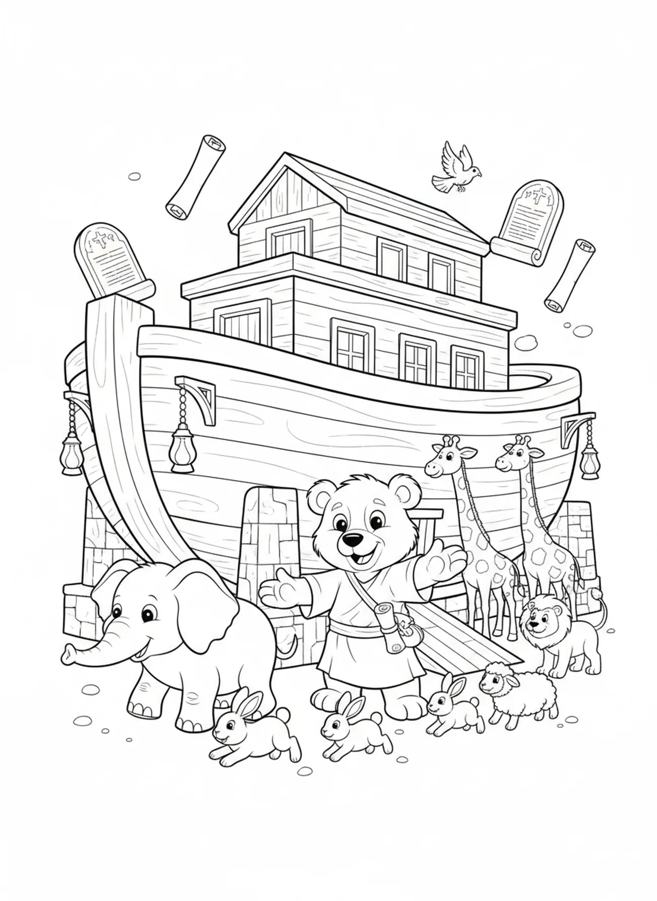 Ours rassemblant des animaux, page à colorier Biblique Ours pour les enfants de l'École du dimanche âgés de 5 à 12 ans