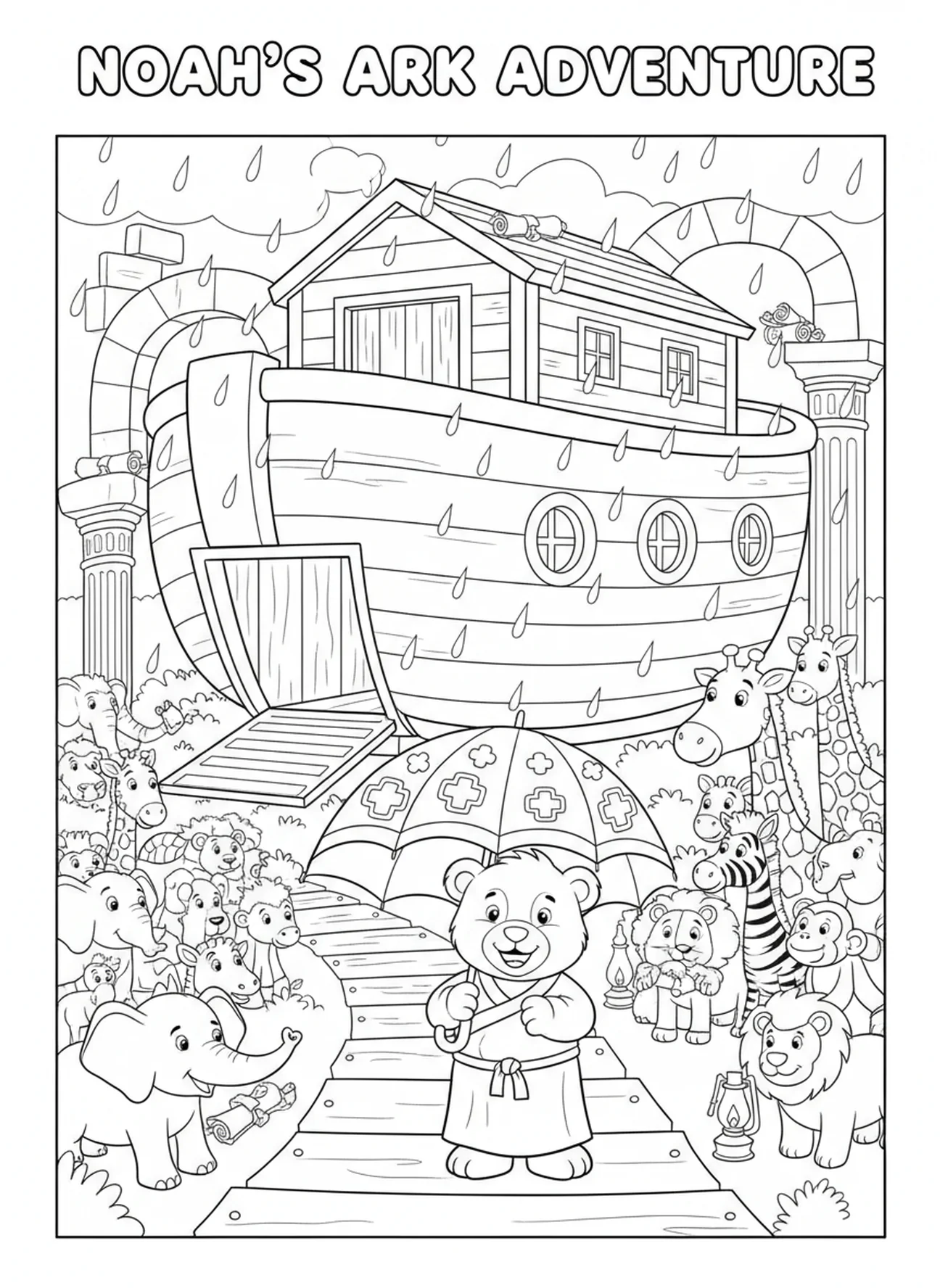 Ours sous la pluie avec un parapluie, page à colorier Ours Biblique pour les enfants de catéchisme âgés de 5 à 12 ans