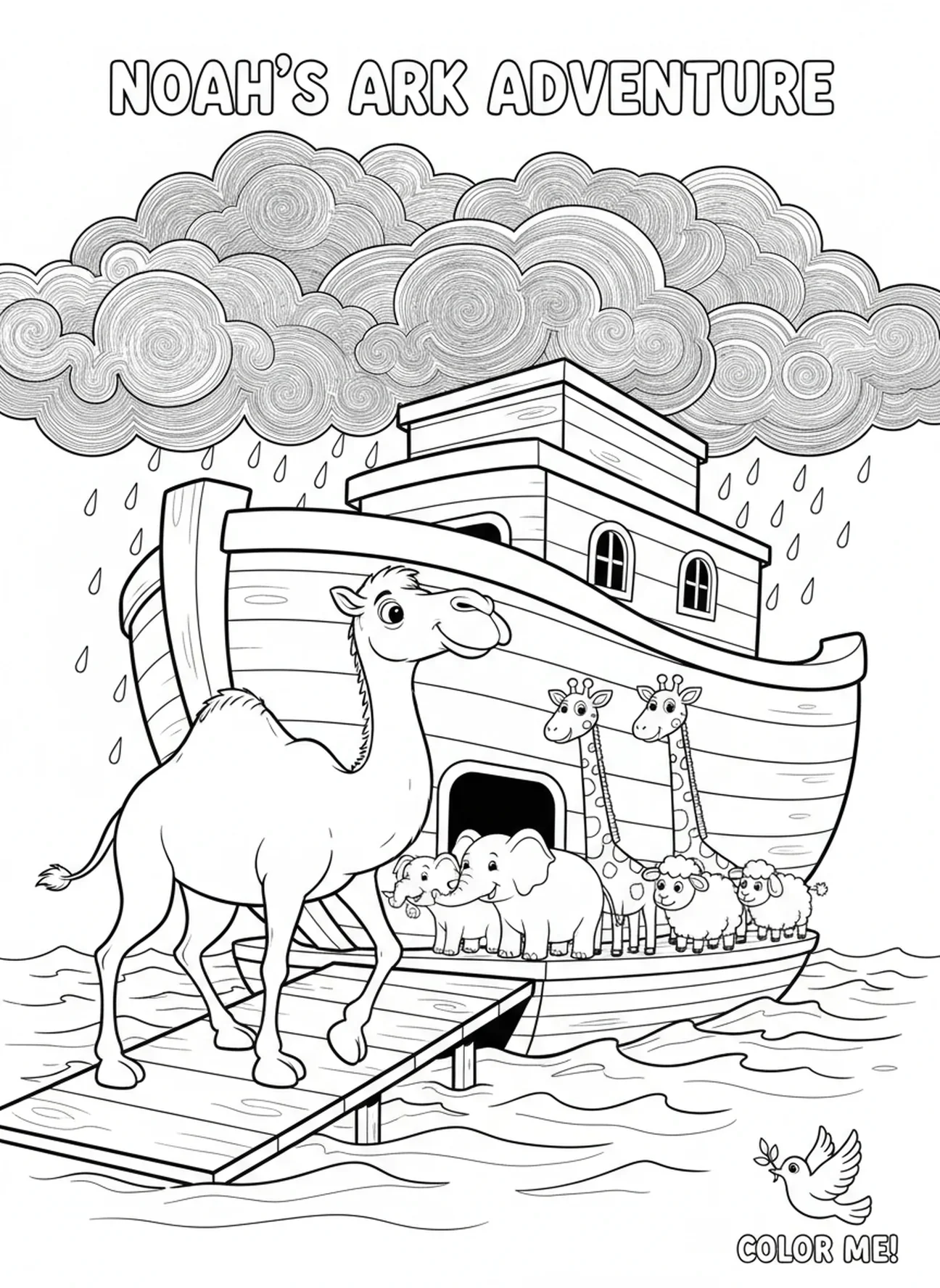Kamel besteigt die Arche Noah, Ausmalbild für Kinder im Alter von 5-10 Jahren