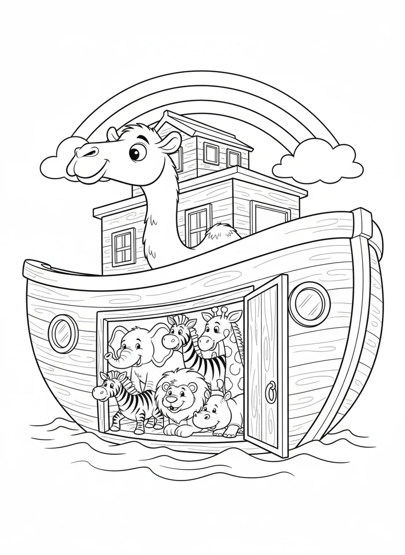 Neugieriges Kamel in der Arche, Bibel Ausmalbild für Kinder im Alter von 5-10 Jahren