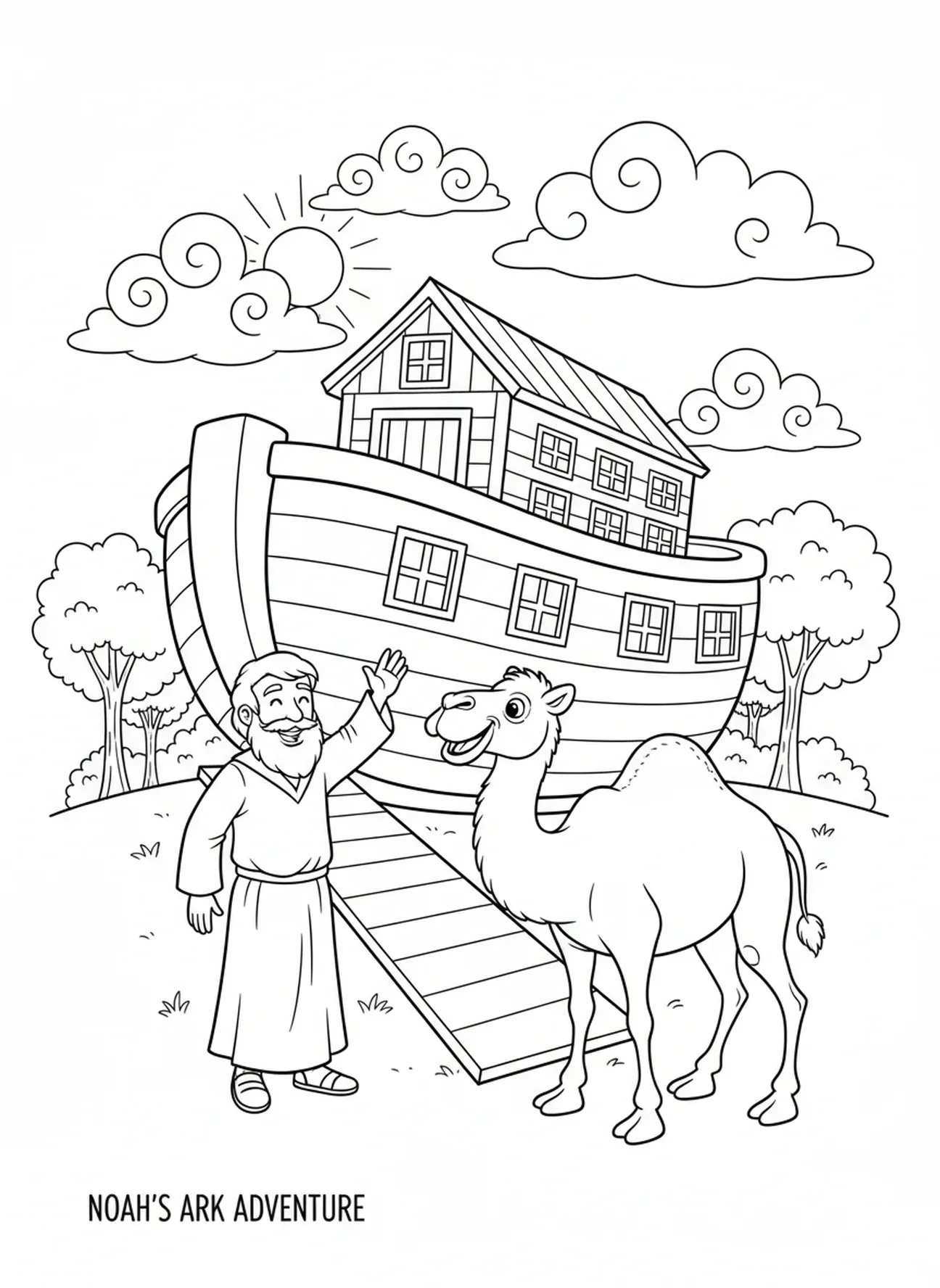 Noah begrüßt ein freundliches Kamel, Ausmalbild für Kinder im Alter von 5-10 Jahren