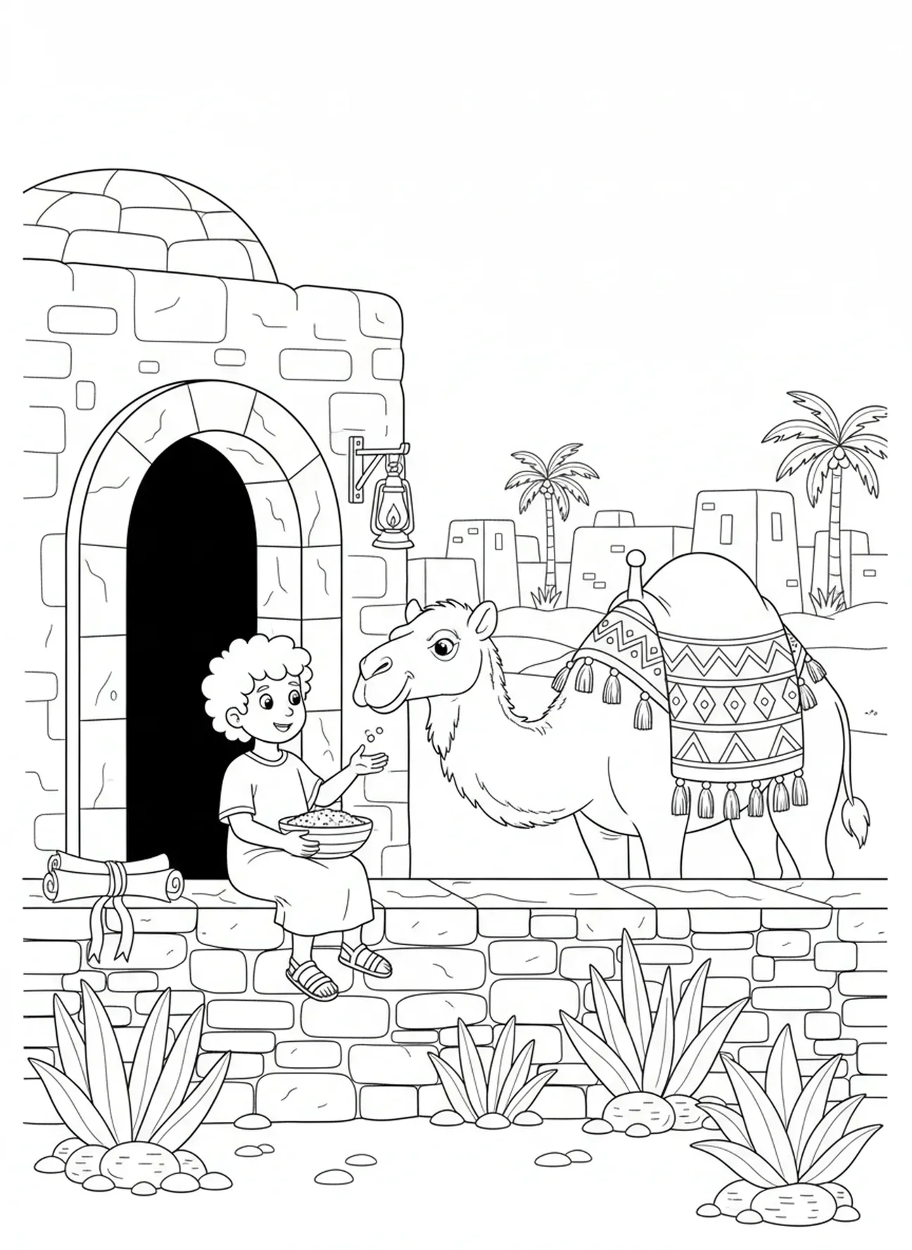Kind füttert Kamel, Bibel Kamel Ausmalbild für Sonntagsschulkinder im Alter von 5-12 Jahren