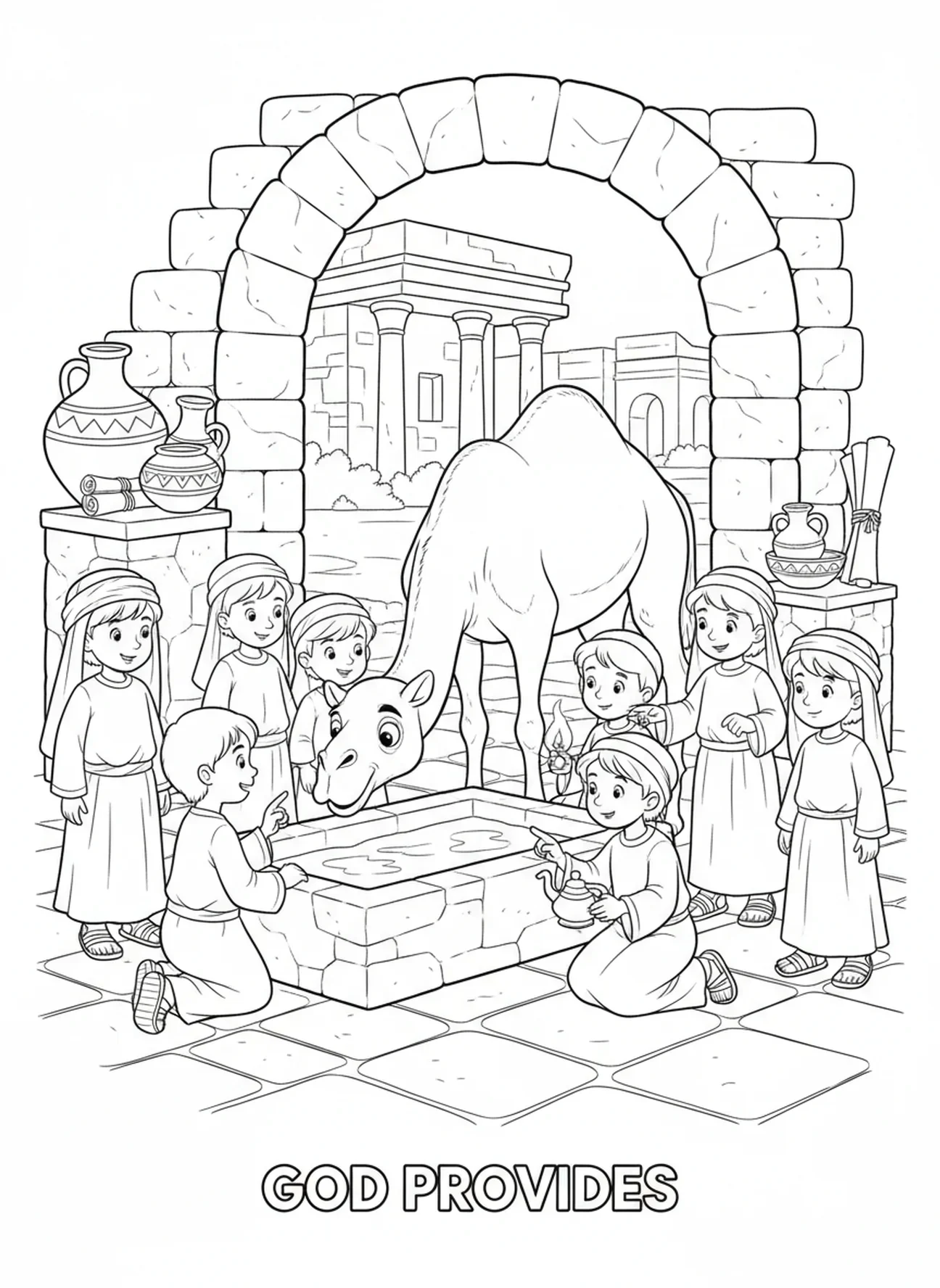 Kamel trinkt Wasser, Ausmalbild Kamel für die Sonntagsschule für Kinder im Alter von 5-12 Jahren