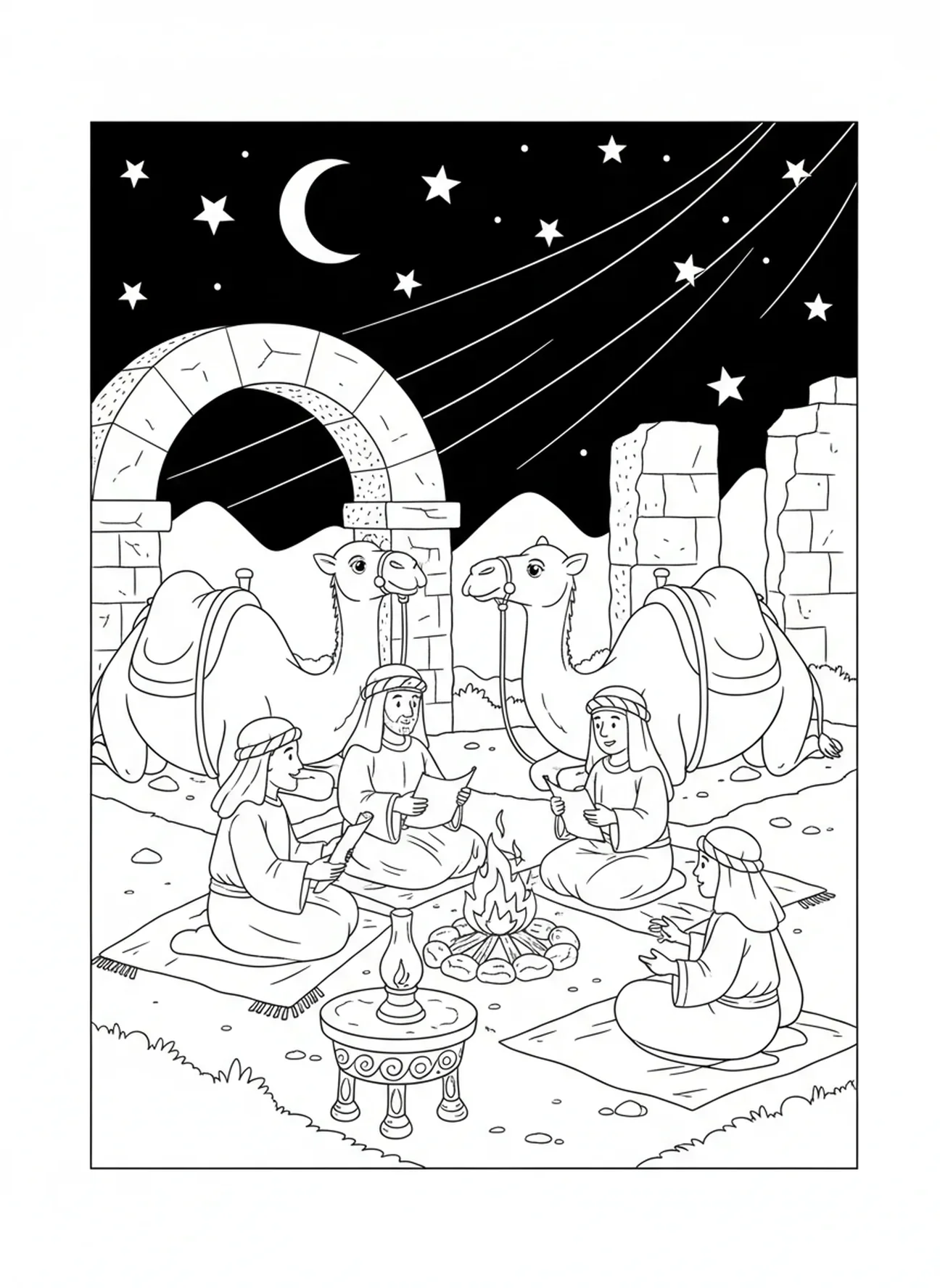 Reisende am Lagerfeuer, Ausmalbild von der Bibel Kamel für Sonntagsschulkinder im Alter von 5-12 Jahren