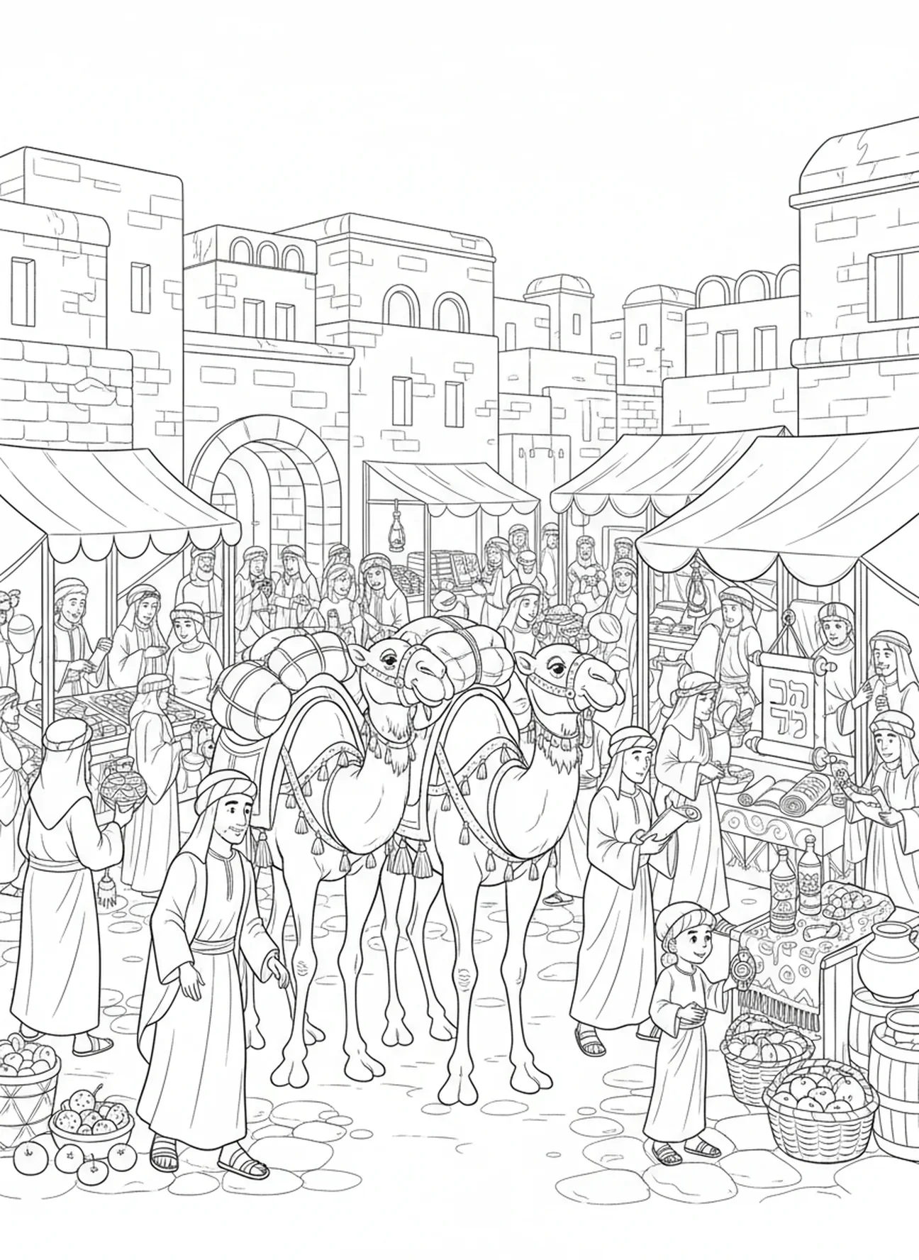 Marktplatz mit Kamelen, Ausmalbild Kamel für die Sonntagsschule für Kinder im Alter von 5-12 Jahren